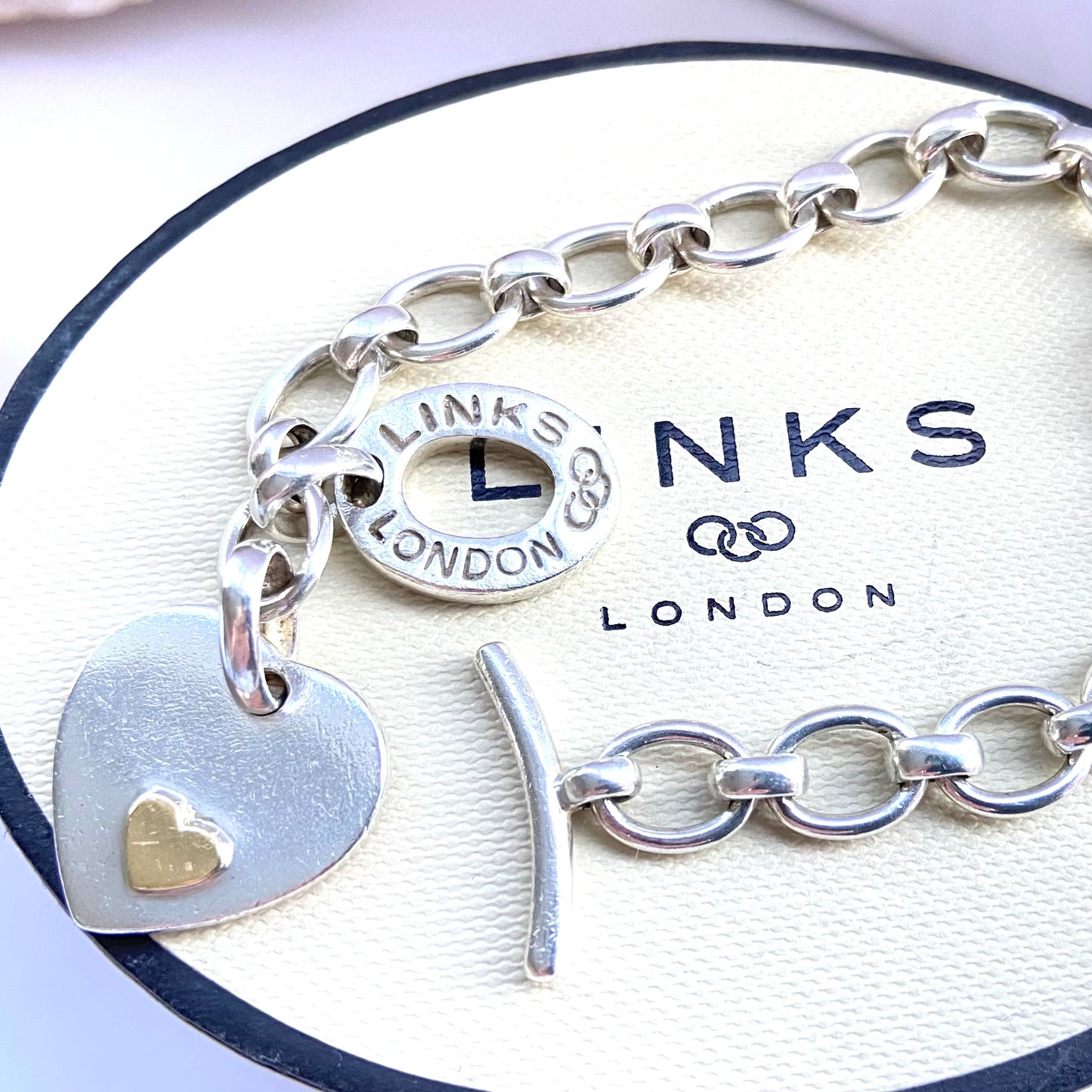 Larger Link Chain Pre Loved Links of London Bracelet, T Bar Clasp with Heart Charm