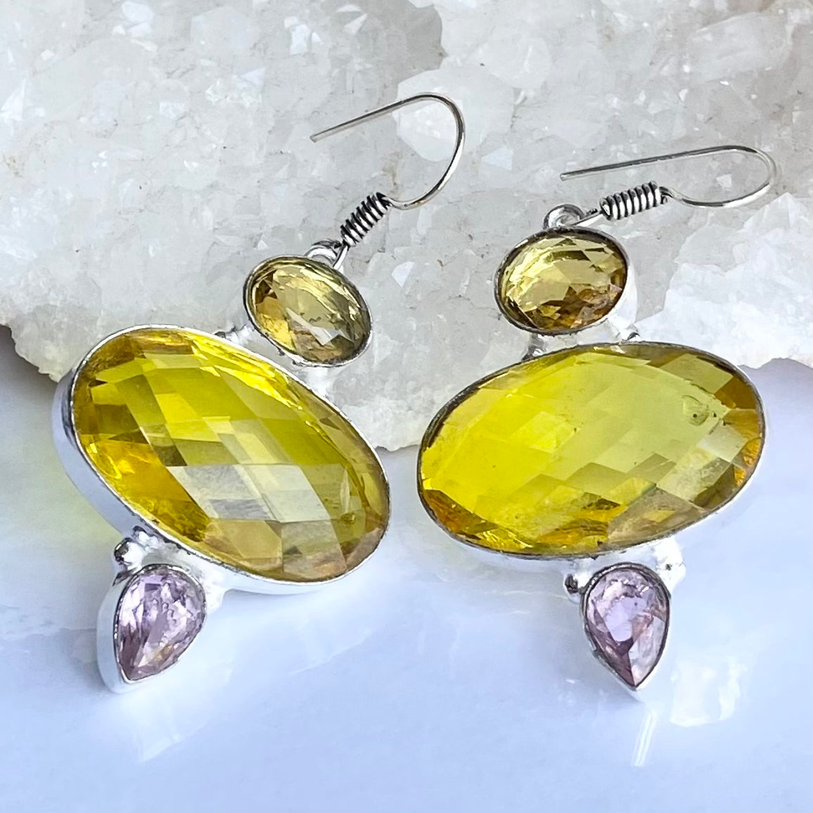 Yellow and purple Faceted Silver plated Gemstone Earrings