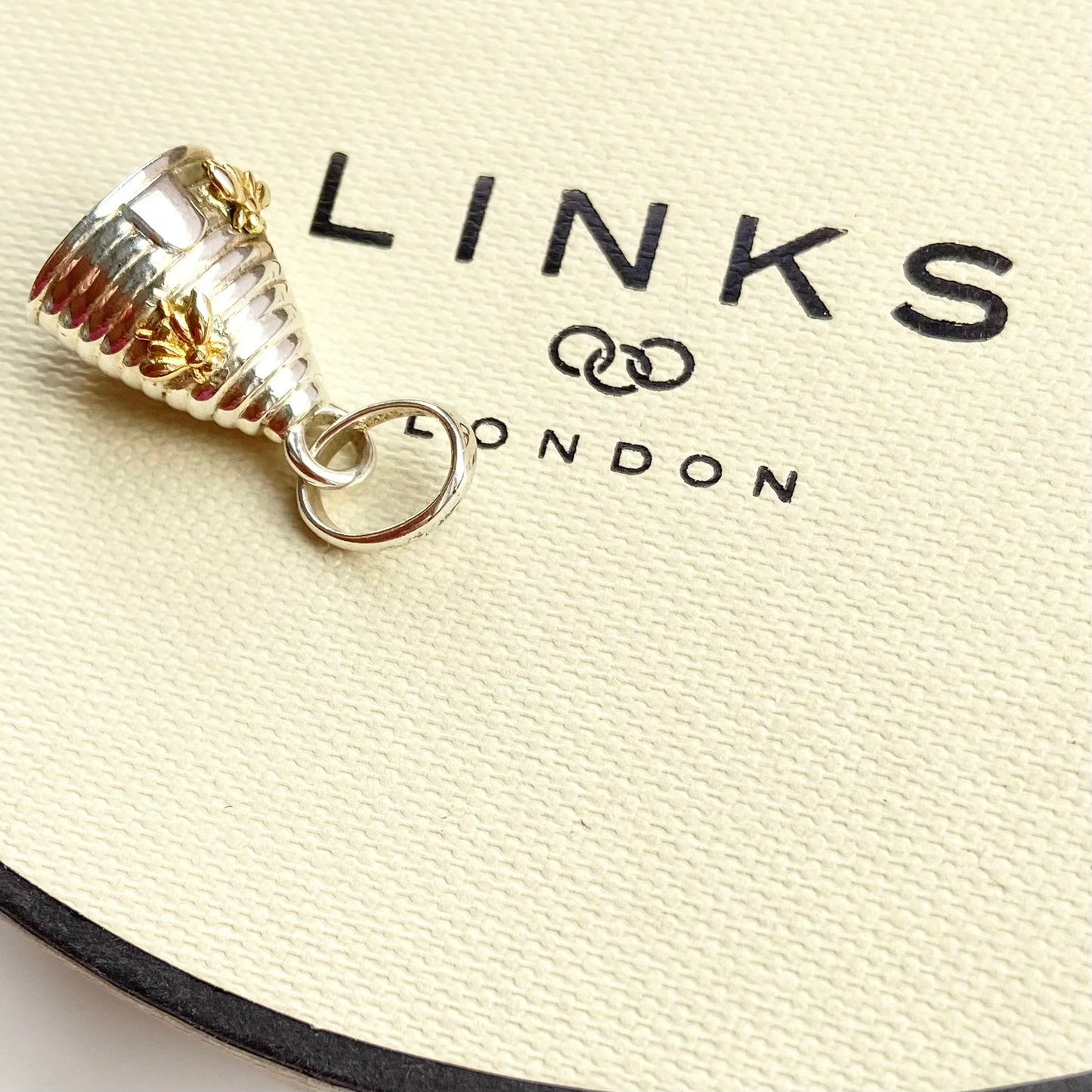 Links of London Bee Hive Charm with Gold Bees and inscribed Bee Happy