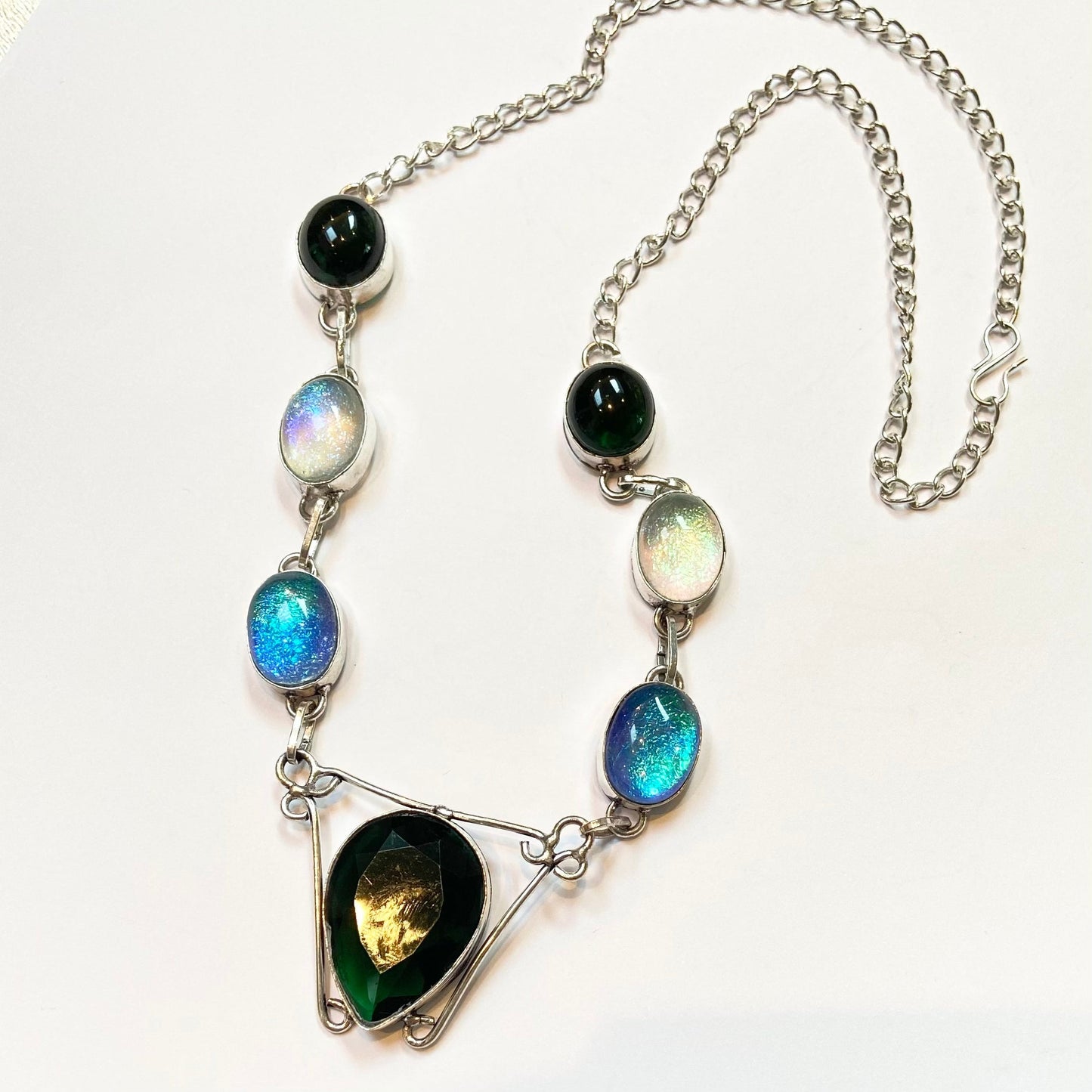 Deep Green Pendent with Glass Beads Sterling Silver Overlay Necklace