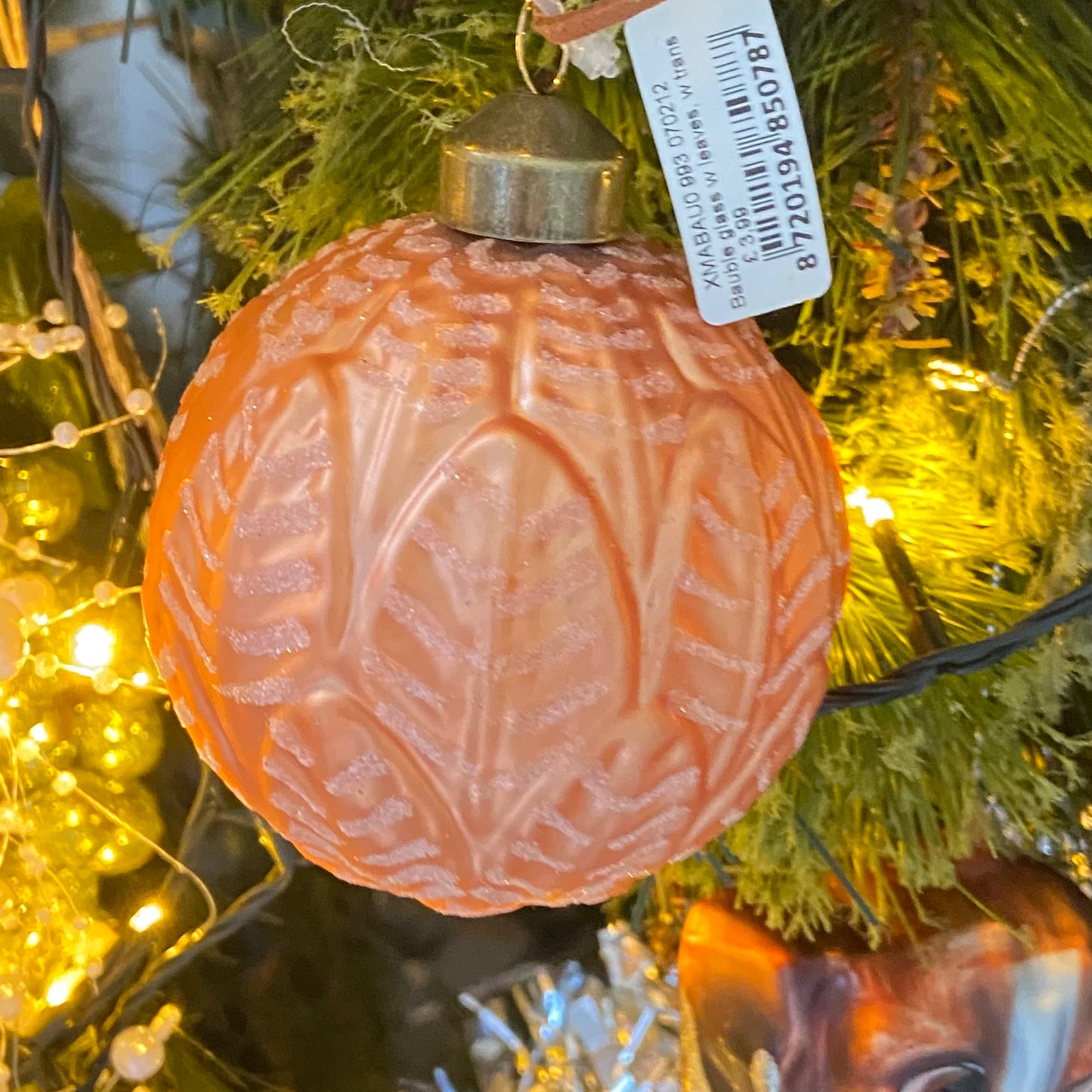 Rose Gold Leaf Design Glass Bauble Christmas Ornament