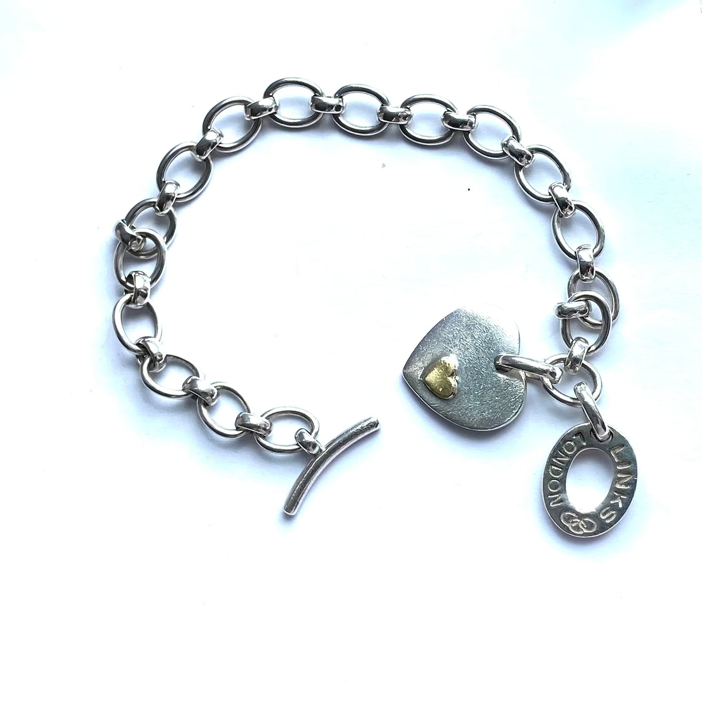 Larger Link Chain Pre Loved Links of London Bracelet, T Bar Clasp with Heart Charm