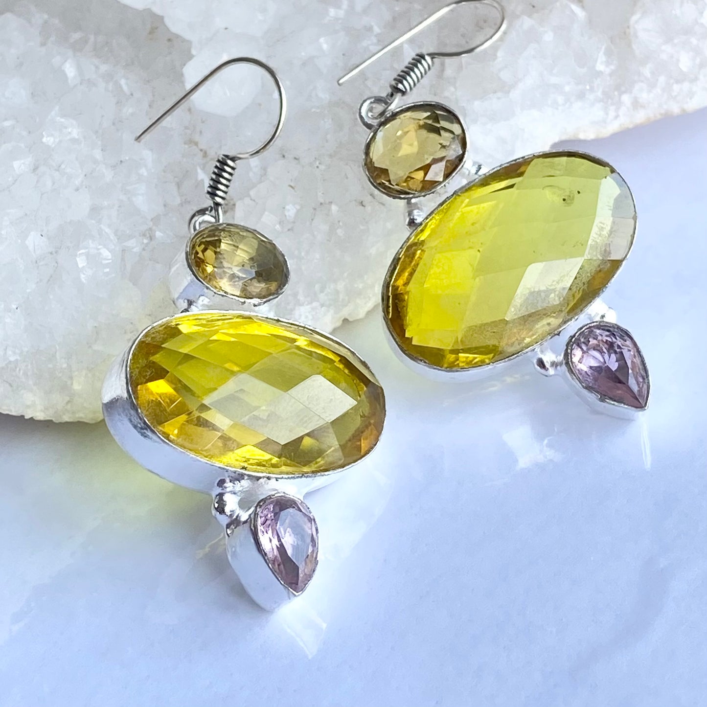 Yellow and purple Faceted Silver plated Gemstone Earrings