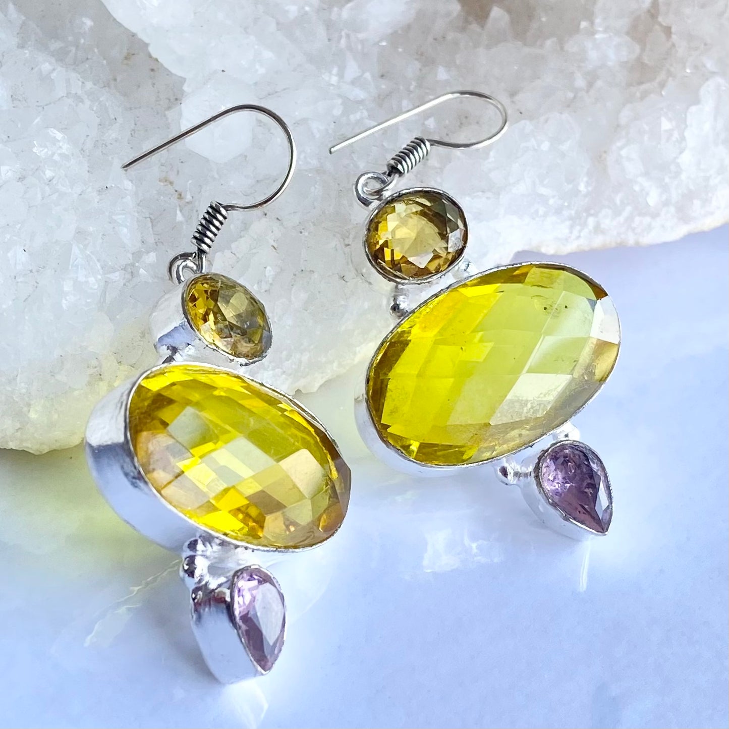 Yellow and purple Faceted Silver plated Gemstone Earrings