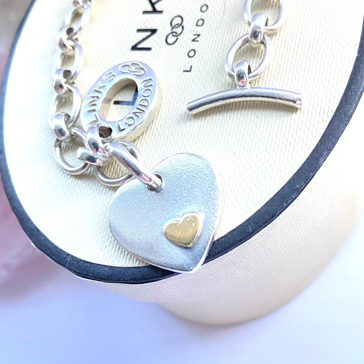 Larger Link Chain Pre Loved Links of London Bracelet, T Bar Clasp with Heart Charm