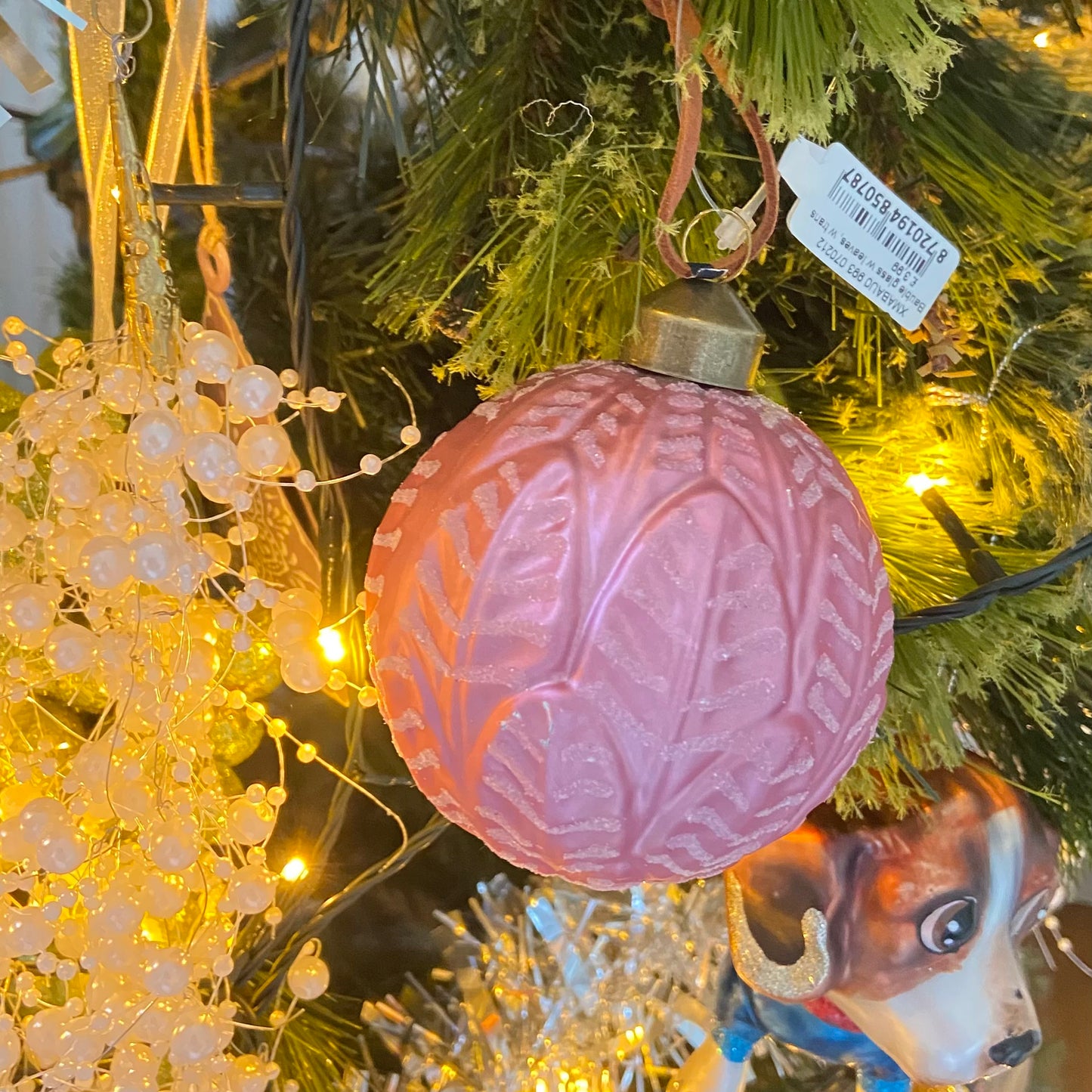 Pink Leaf Design Glass Bauble Christmas Festive Ornament