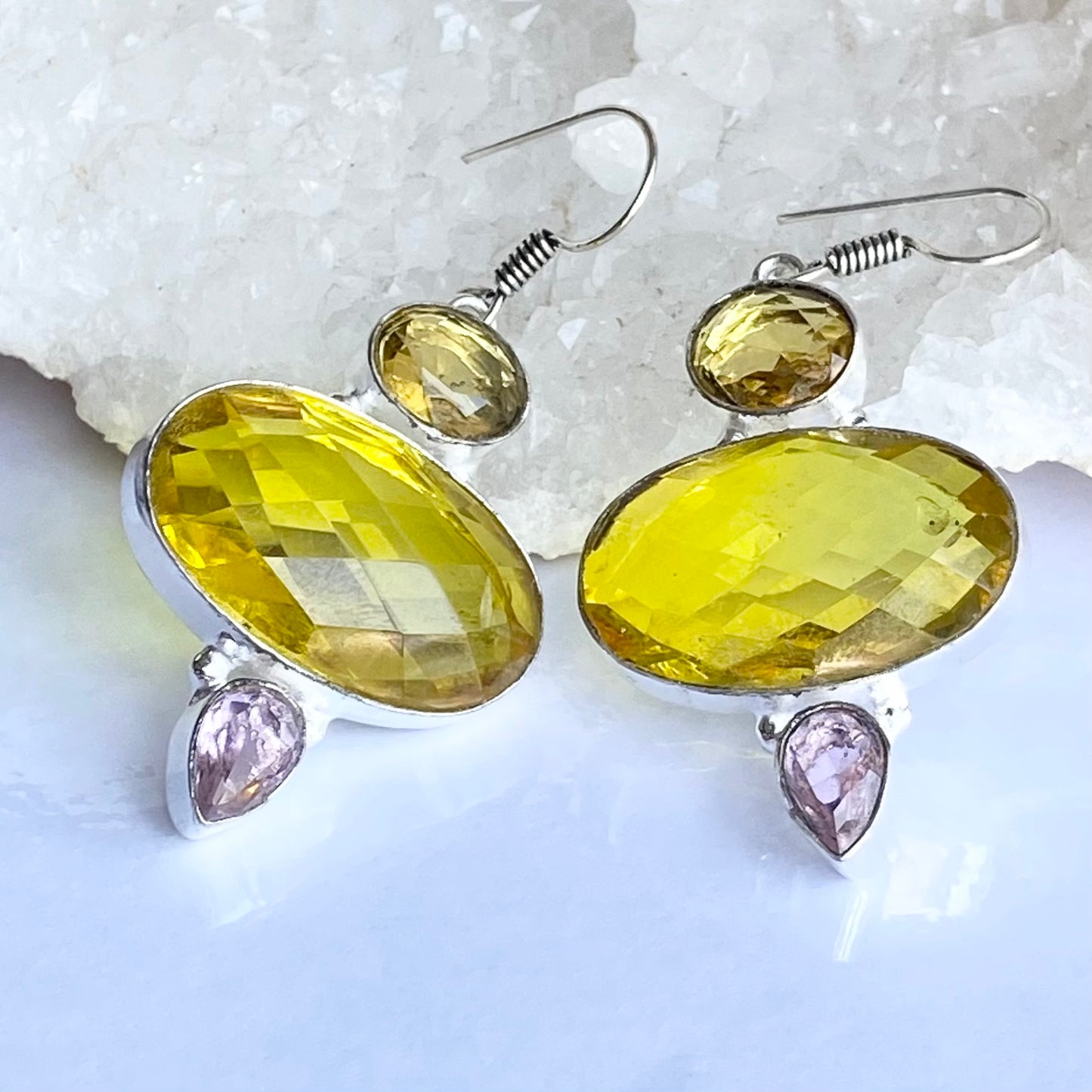 Yellow and purple Faceted Silver plated Gemstone Earrings