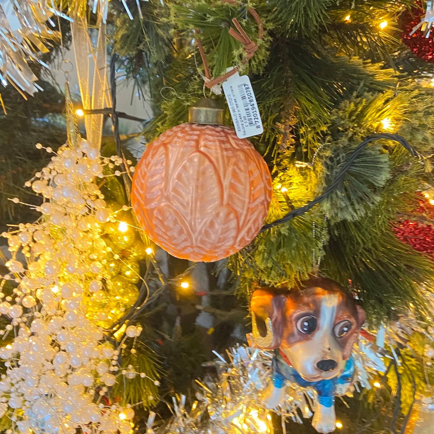 Rose Gold Leaf Design Glass Bauble Christmas Ornament