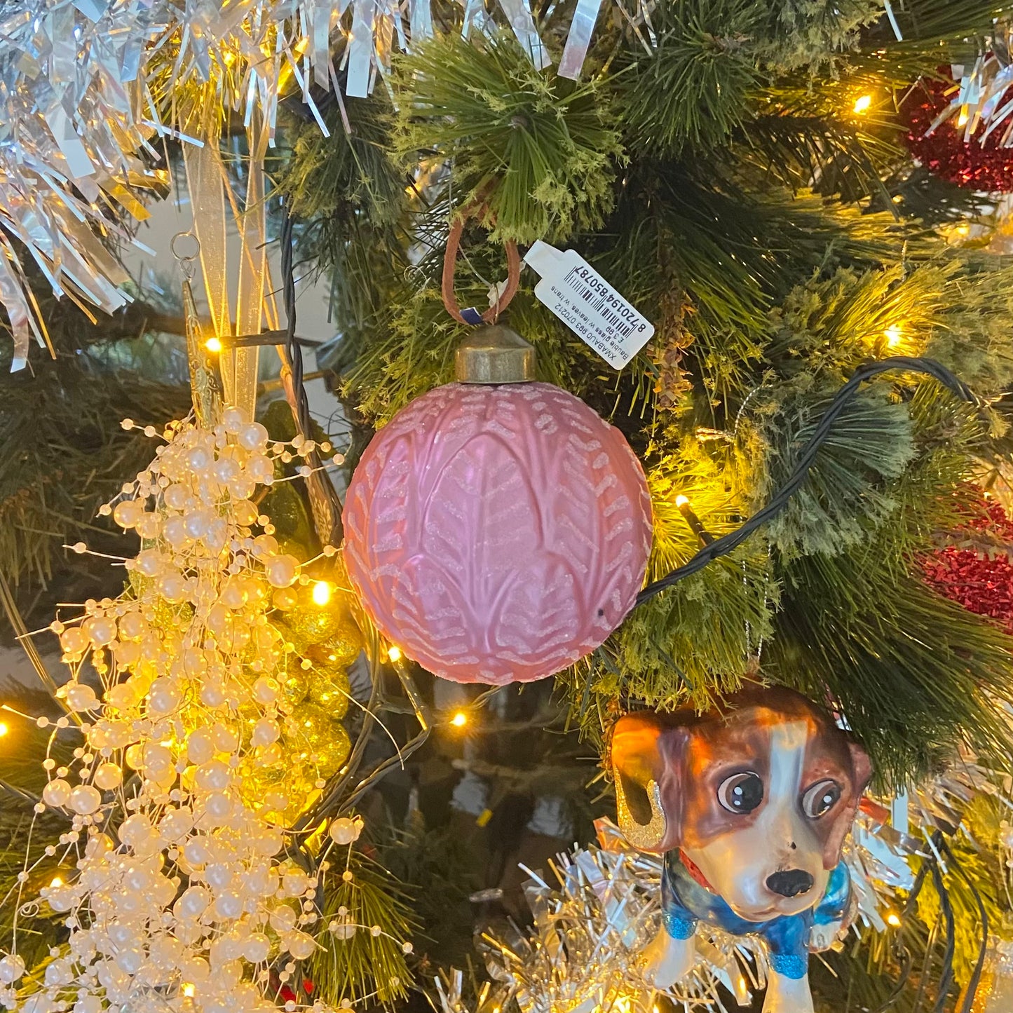Pink Leaf Design Glass Bauble Christmas Festive Ornament