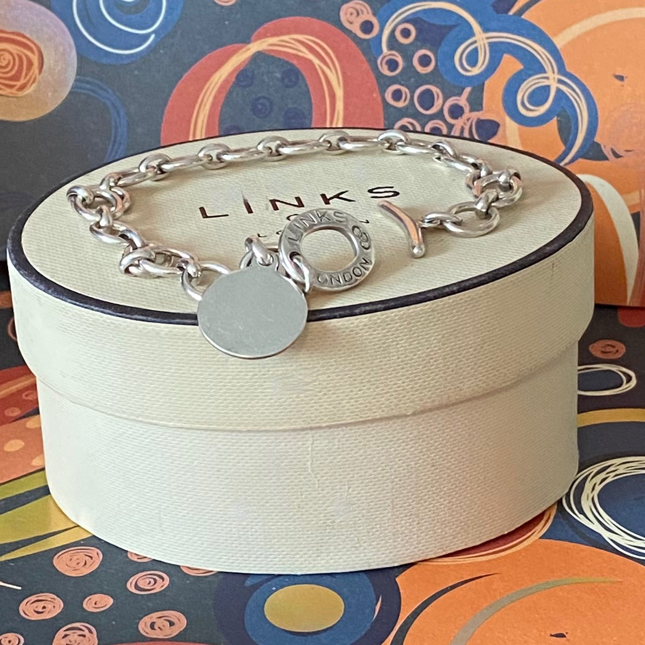 Sterling Silver Links of London Link Chain Bracelet, T Bar Clasp with a clear Disk ideal for engraving.