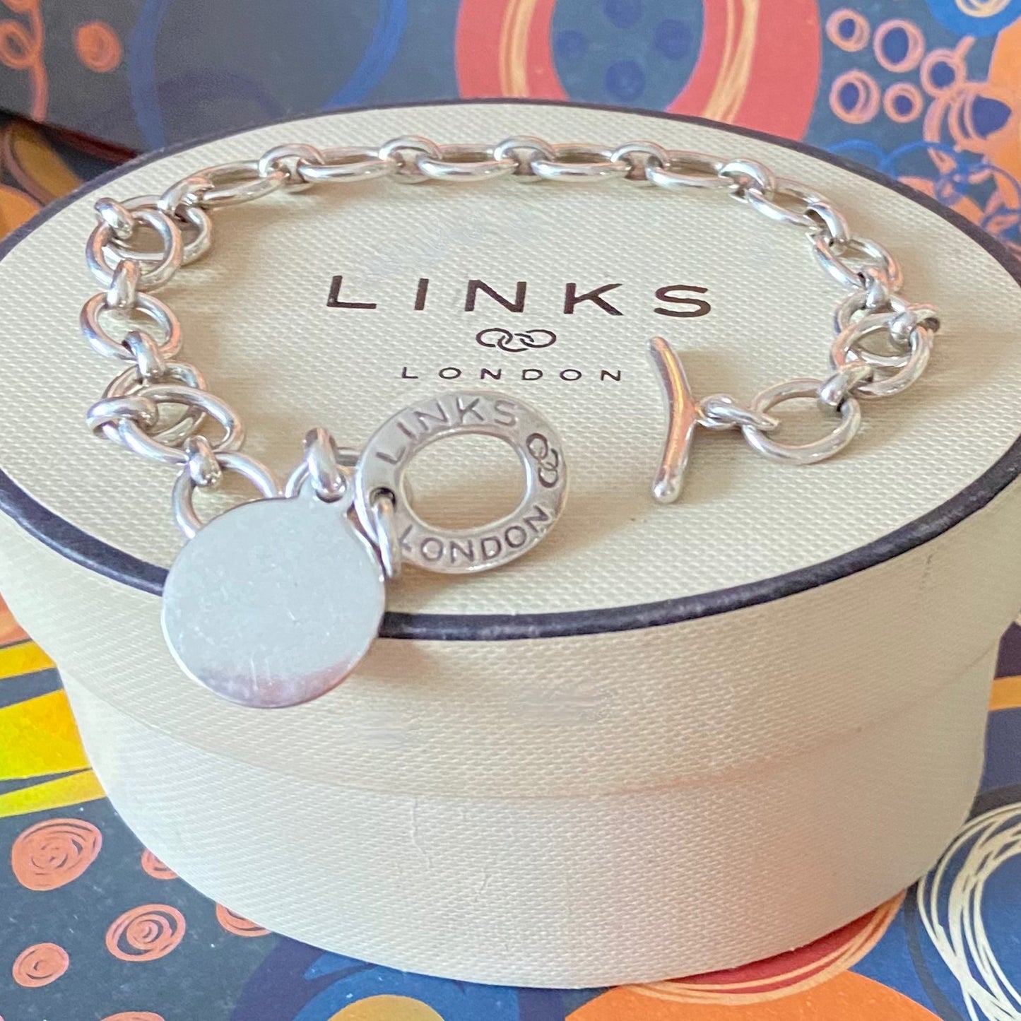 Sterling Silver Links of London Link Chain Bracelet, T Bar Clasp with a clear Disk ideal for engraving.