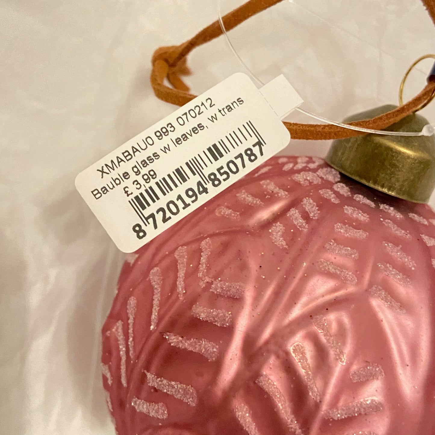 Pink Leaf Design Glass Bauble Christmas Festive Ornament