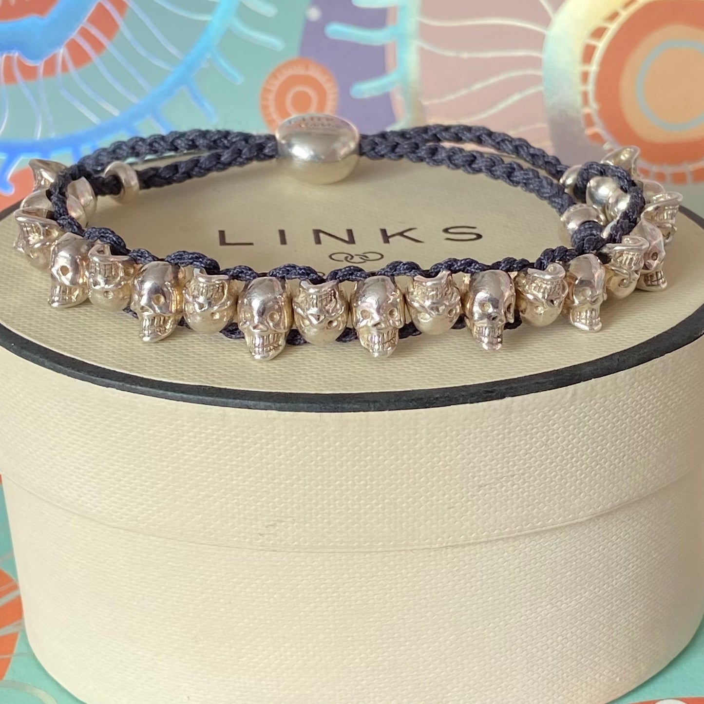 Links of London Sterling Silver Black Cord Skull Adjustable Friendship Bracelet