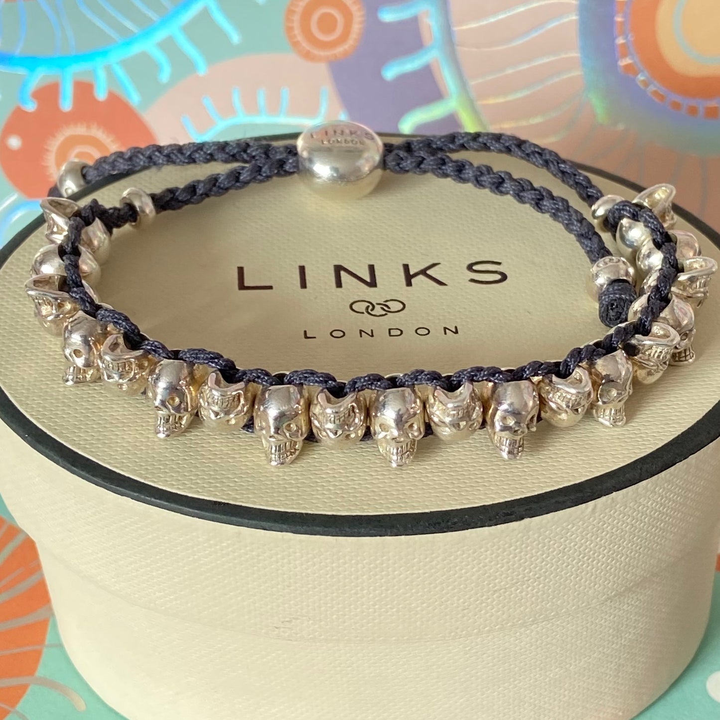Links of London Sterling Silver Black Cord Skull Adjustable Friendship Bracelet