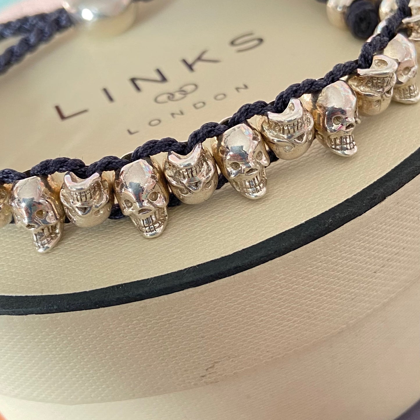 Links of London Sterling Silver Black Cord Skull Adjustable Friendship Bracelet
