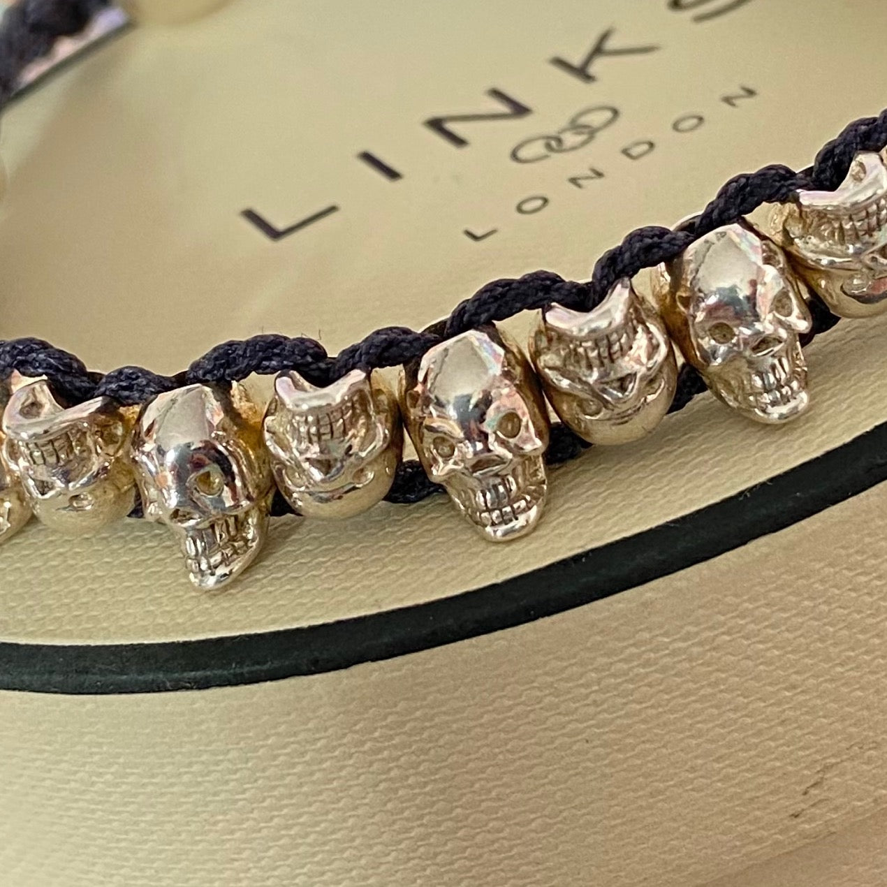 Links of London Sterling Silver Black Cord Skull Adjustable Friendship Bracelet