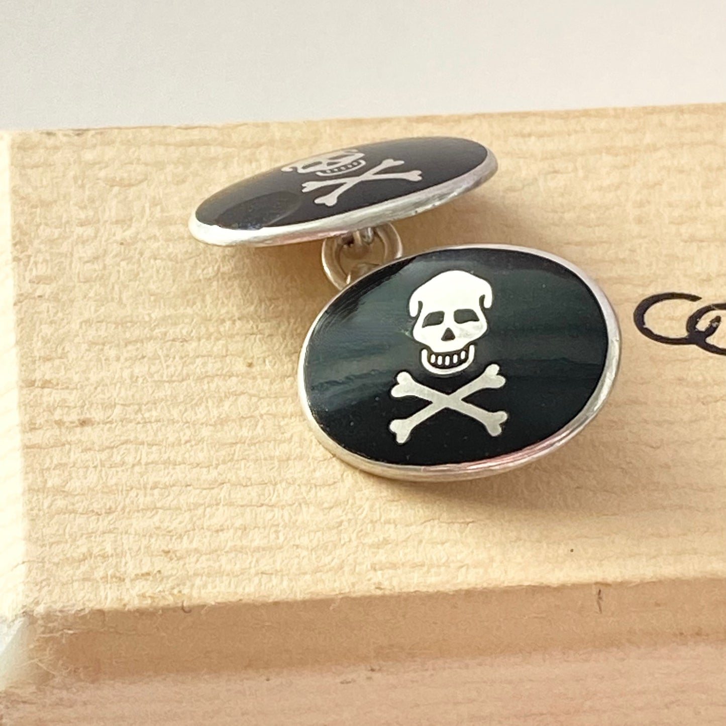 Sterling Silver Links of London Skull and Bones with black enamel Cufflinks