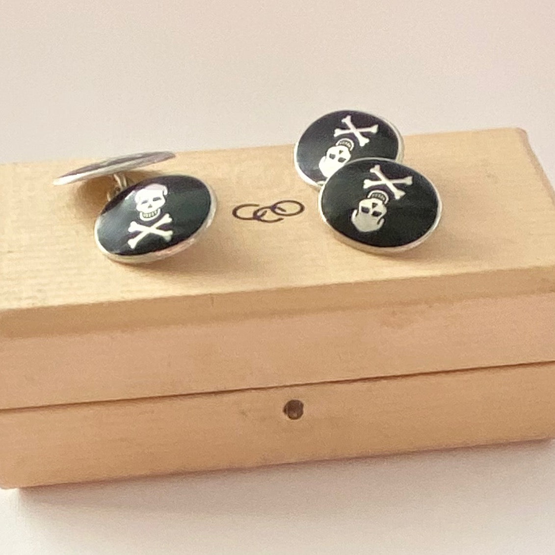 Sterling Silver Links of London Skull and Bones with black enamel Cufflinks