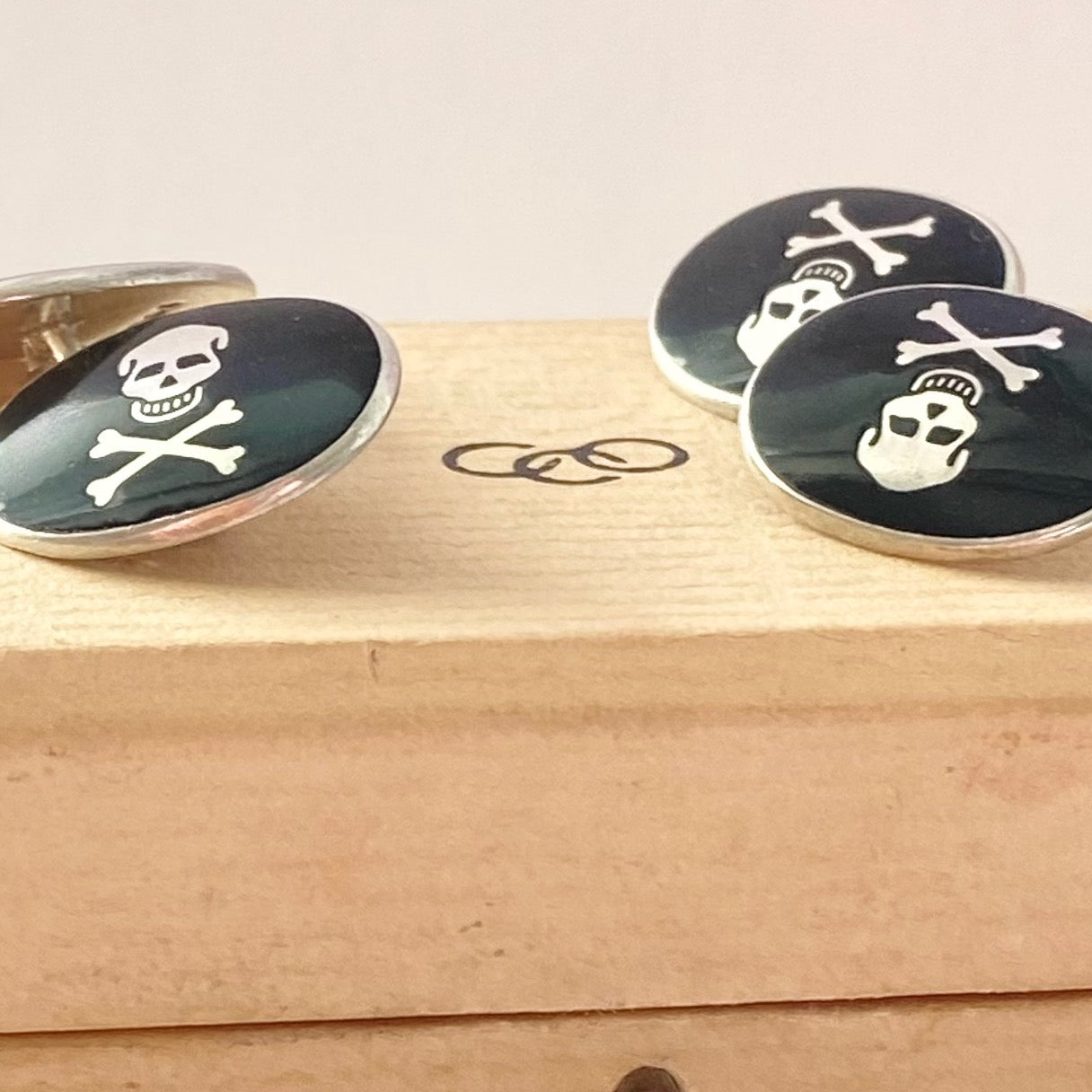 Sterling Silver Links of London Skull and Bones with black enamel Cufflinks