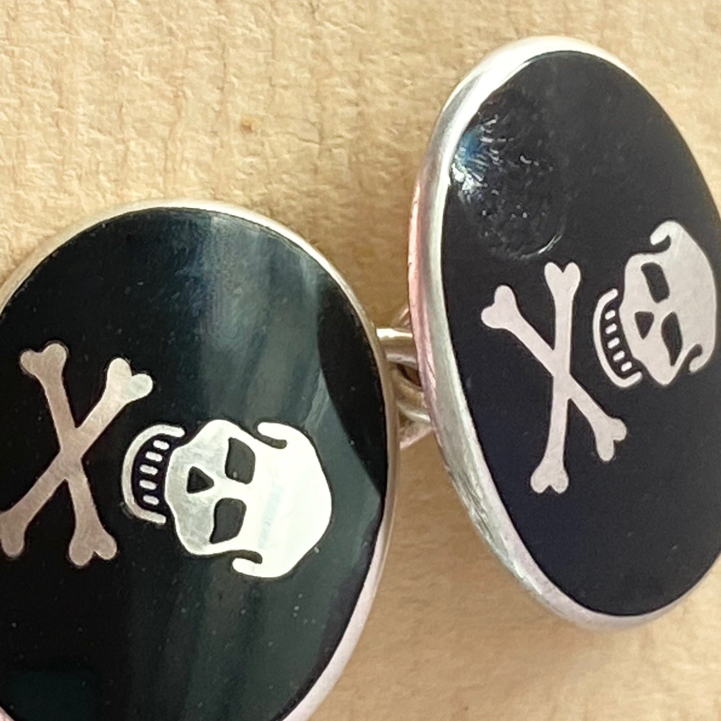 Sterling Silver Links of London Skull and Bones with black enamel Cufflinks