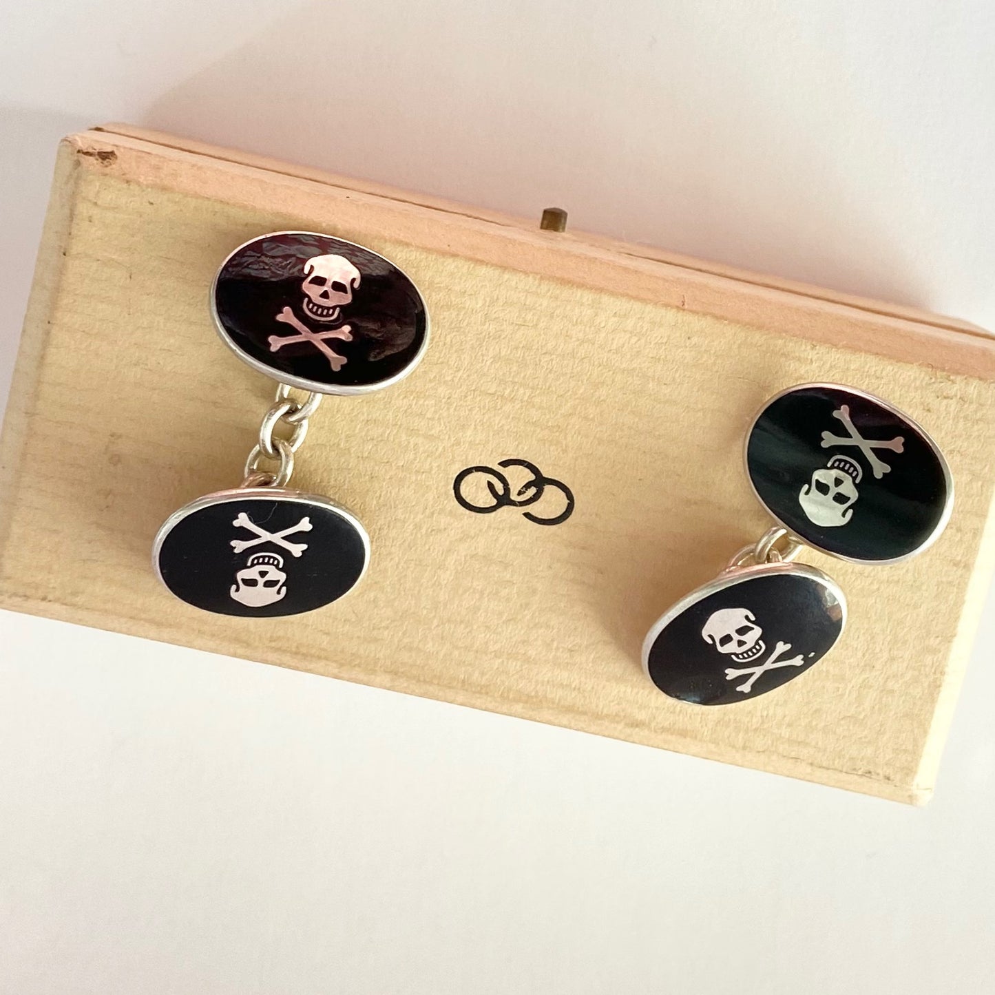 Sterling Silver Links of London Skull and Bones with black enamel Cufflinks