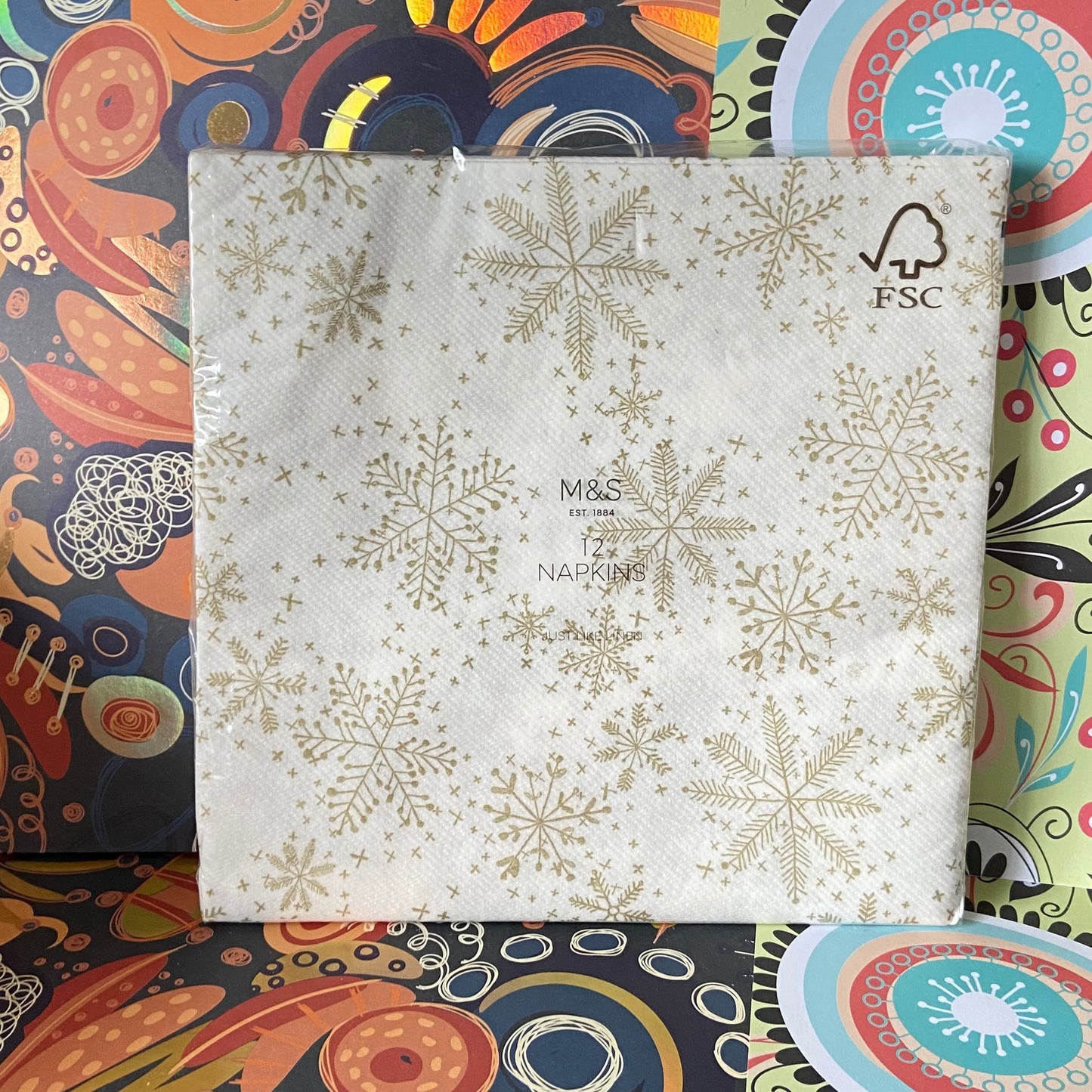 Gold Snow flakes on a white Background Napkins 12 per pack can be used for Decoupage