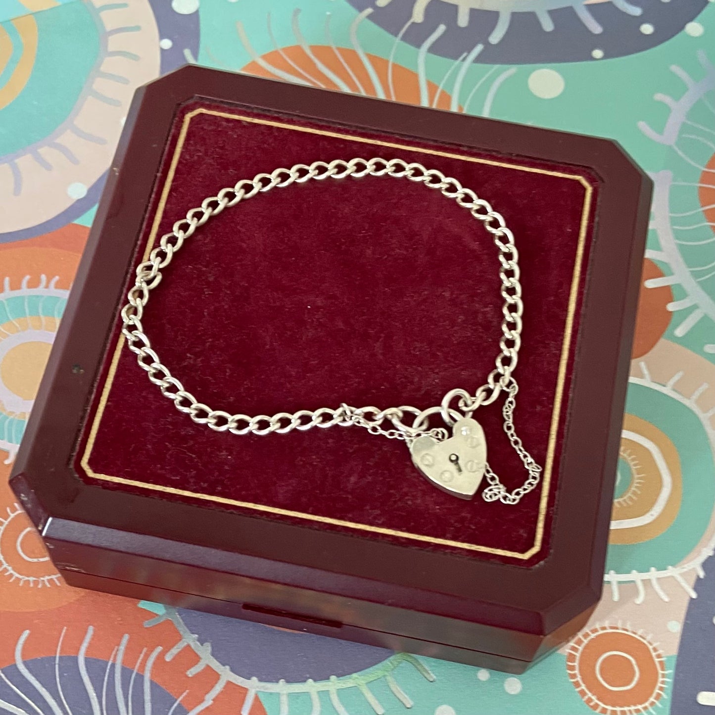 Vintage Sterling Silver Charm Bracelet with Heart Padlock -17cm