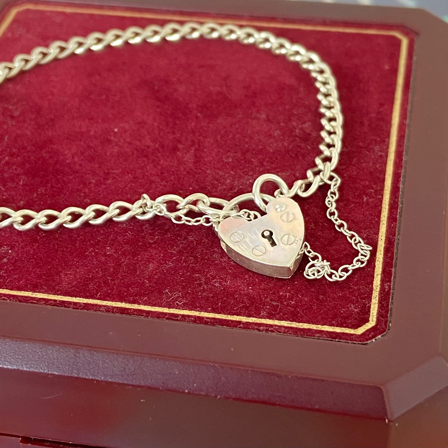 Vintage Sterling Silver Charm Bracelet with Heart Padlock -17cm