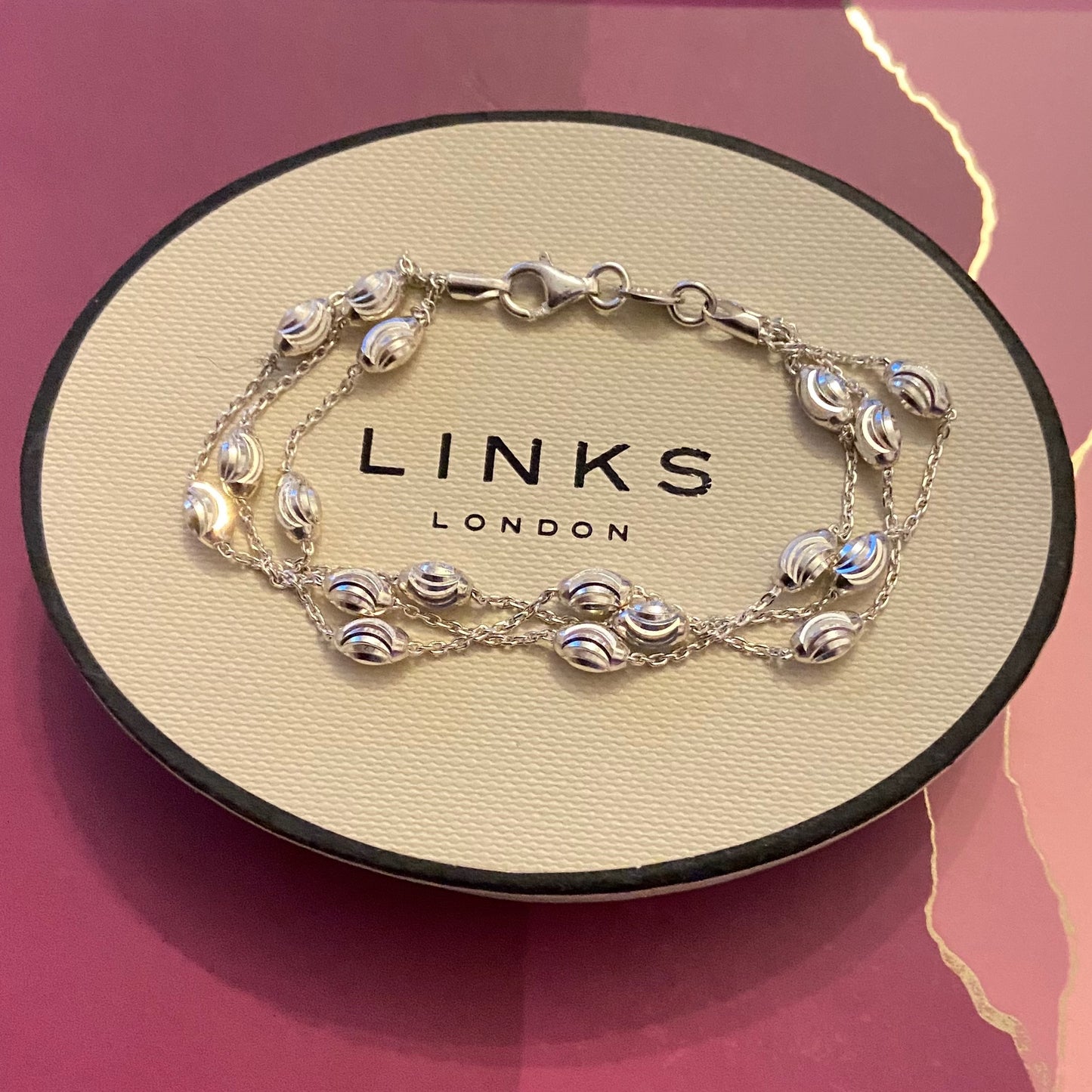 Authentic Links of London Essentials Sterling Silver 3 Row Beaded Bracelet, Small 16cm. New Condition, waiting to be loved.