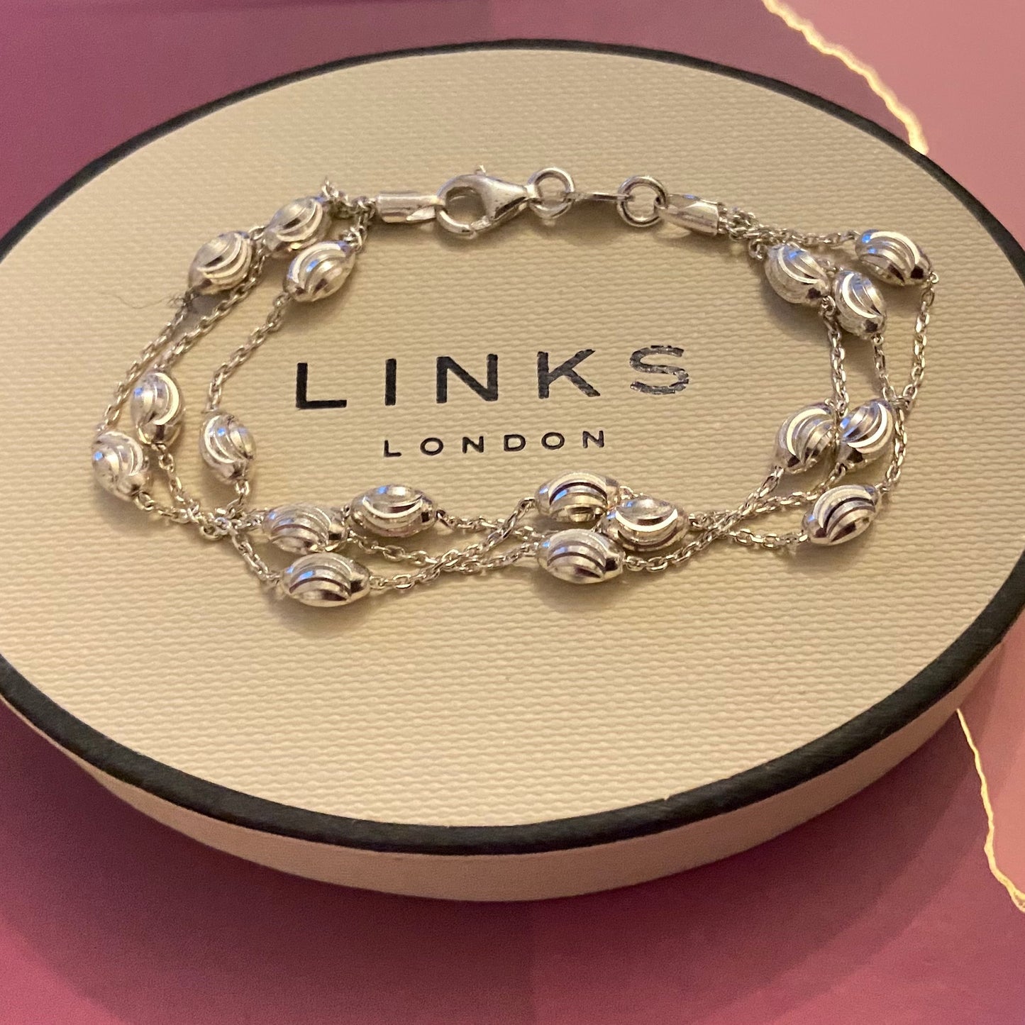 Authentic Links of London Essentials Sterling Silver 3 Row Beaded Bracelet, Small 16cm. New Condition, waiting to be loved.