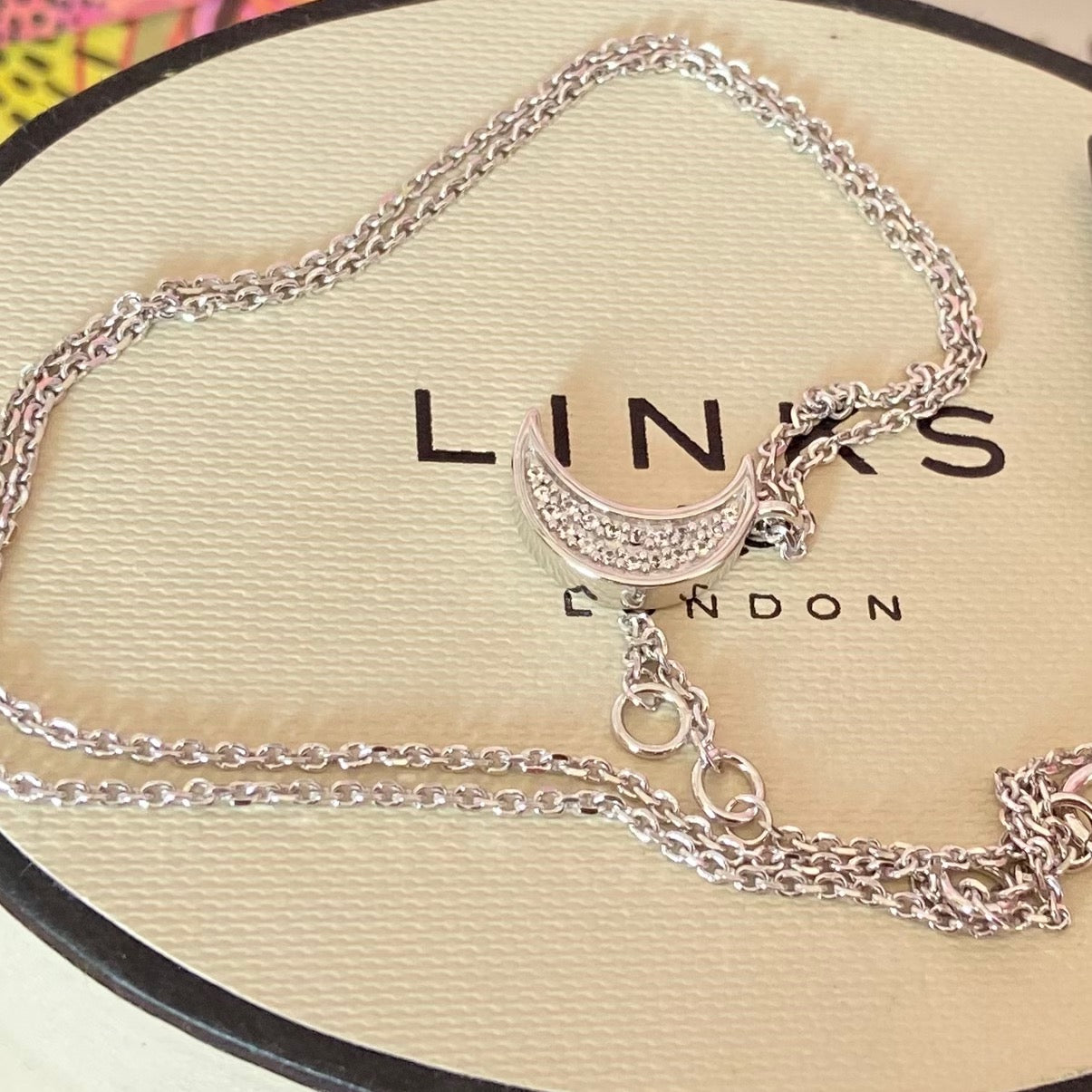 Links of London White Sapphire Moon Crescent Necklace New !