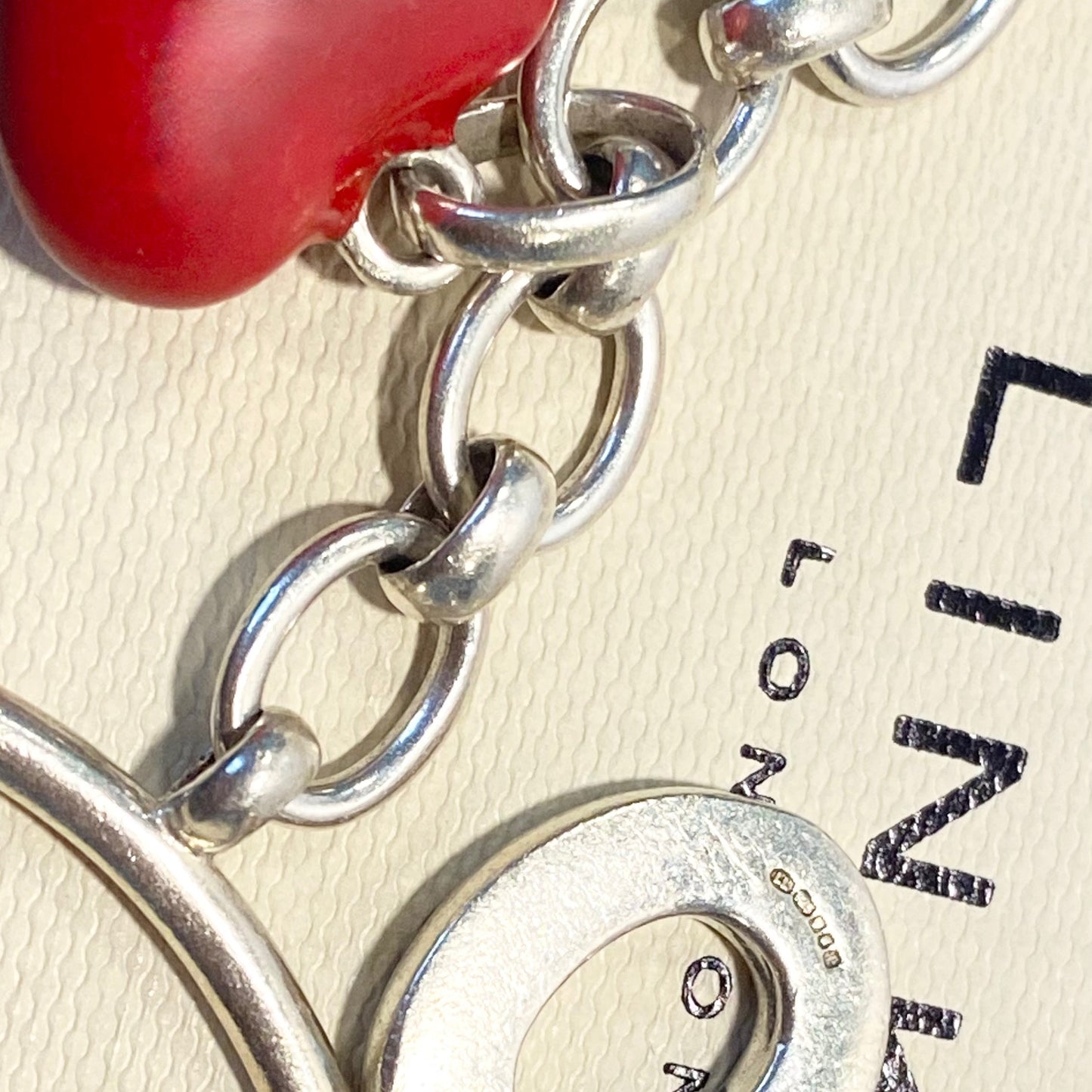 Sterling Silver Links of London Link Chain Pre Loved Links of London Bracelet, T Bar Clasp with 2 Heart Charms