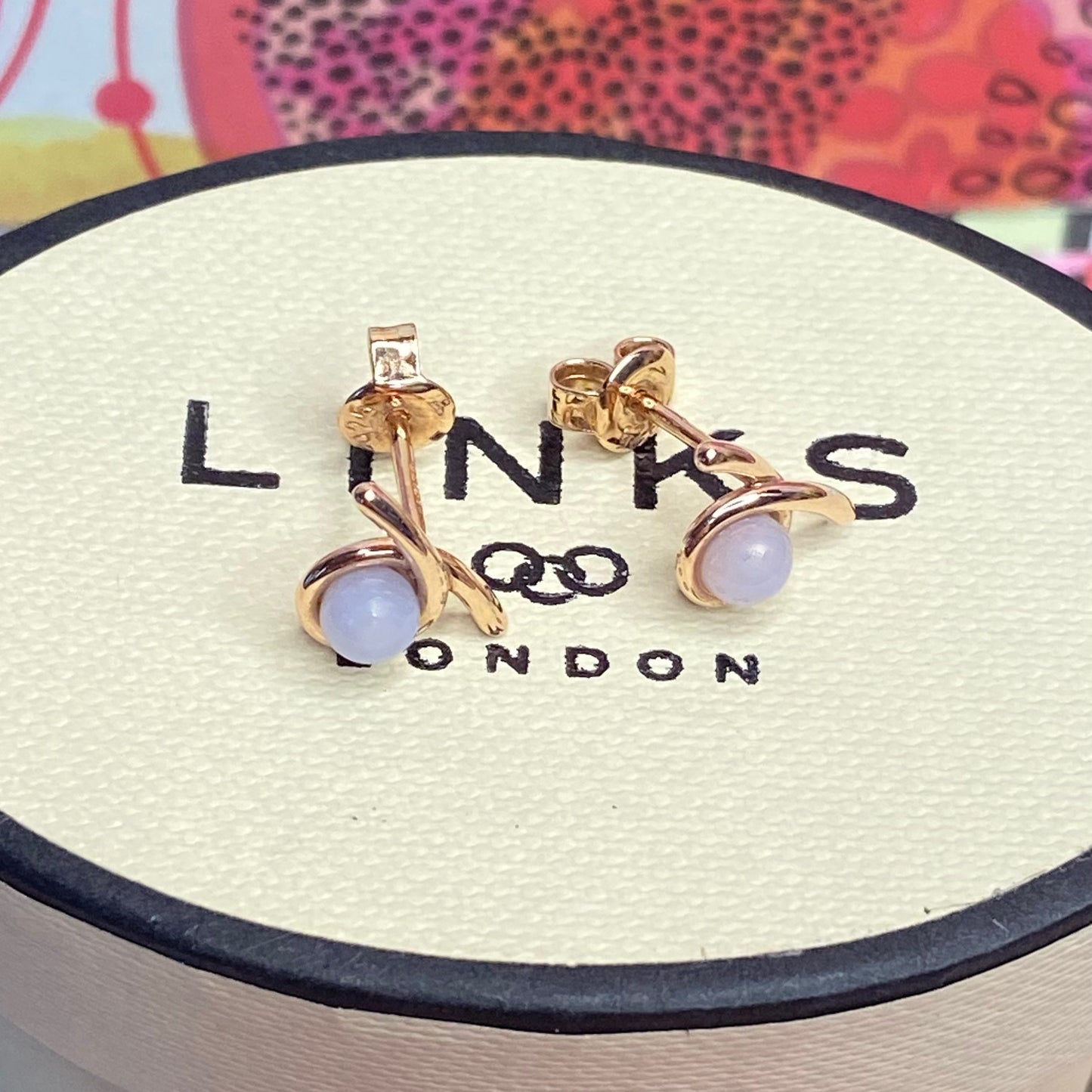 Links of London iconic Serpentine 18kt Rose Gold Vermeil & Blue Lace Agate Gemstone Stud Earrings.