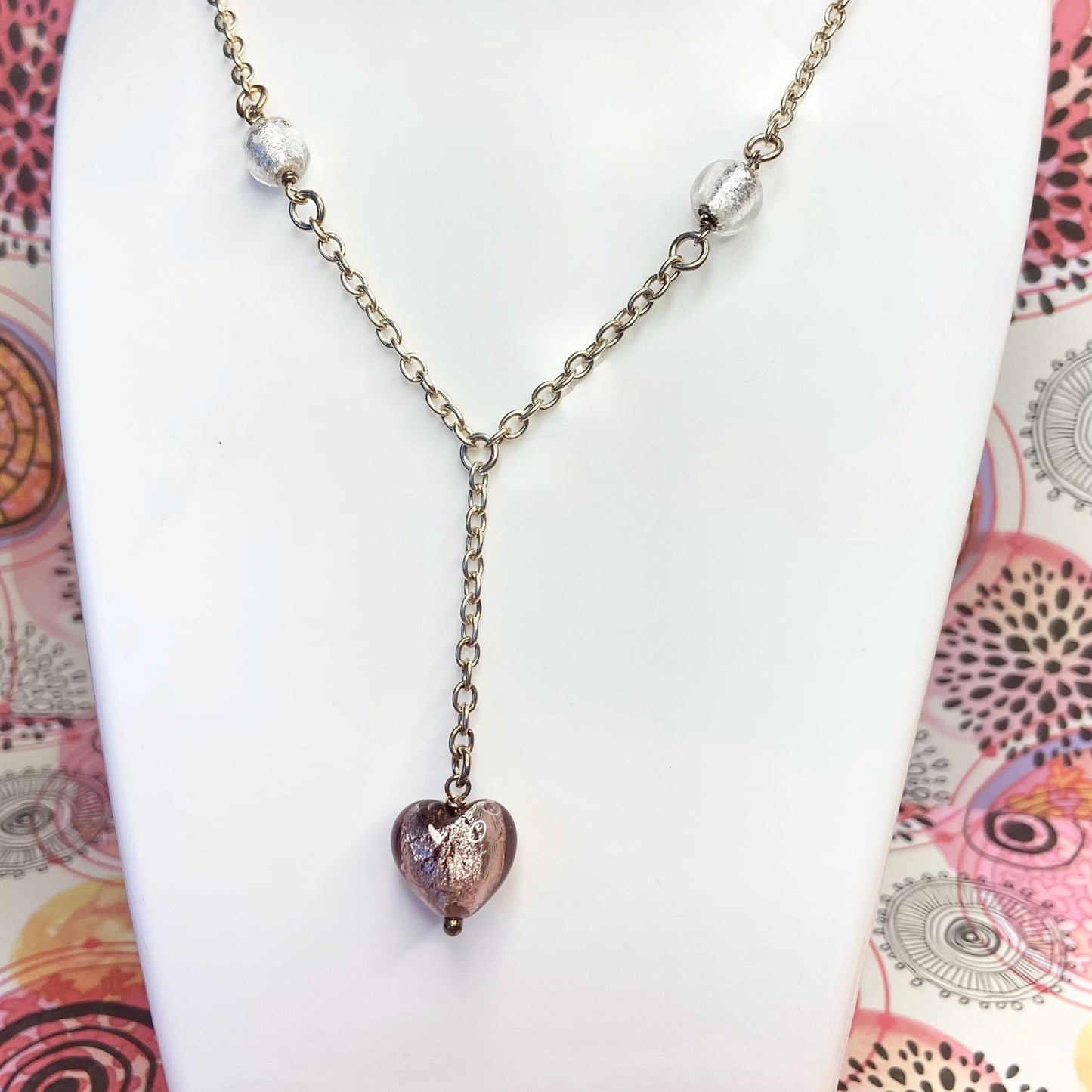 Sterling Silver chain with glass beads with a drop purple heart pendent