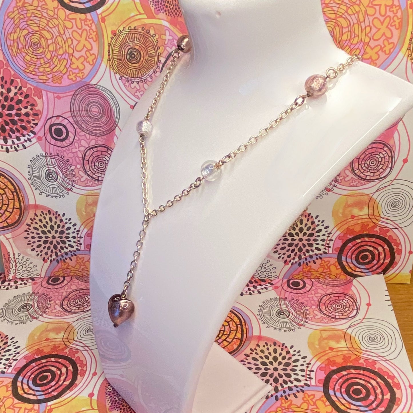 Sterling Silver chain with glass beads with a drop purple heart pendent