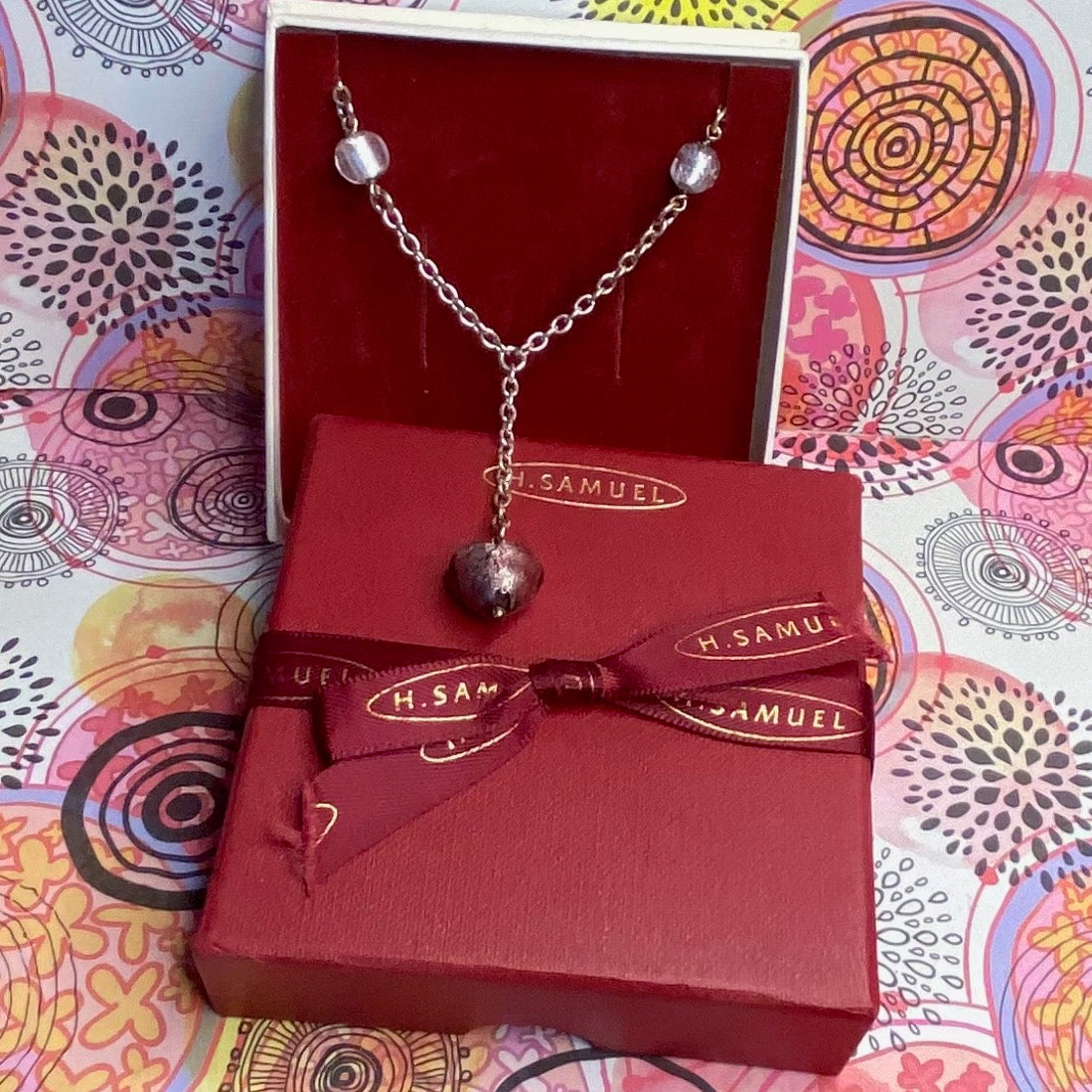 Sterling Silver chain with glass beads with a drop purple heart pendent