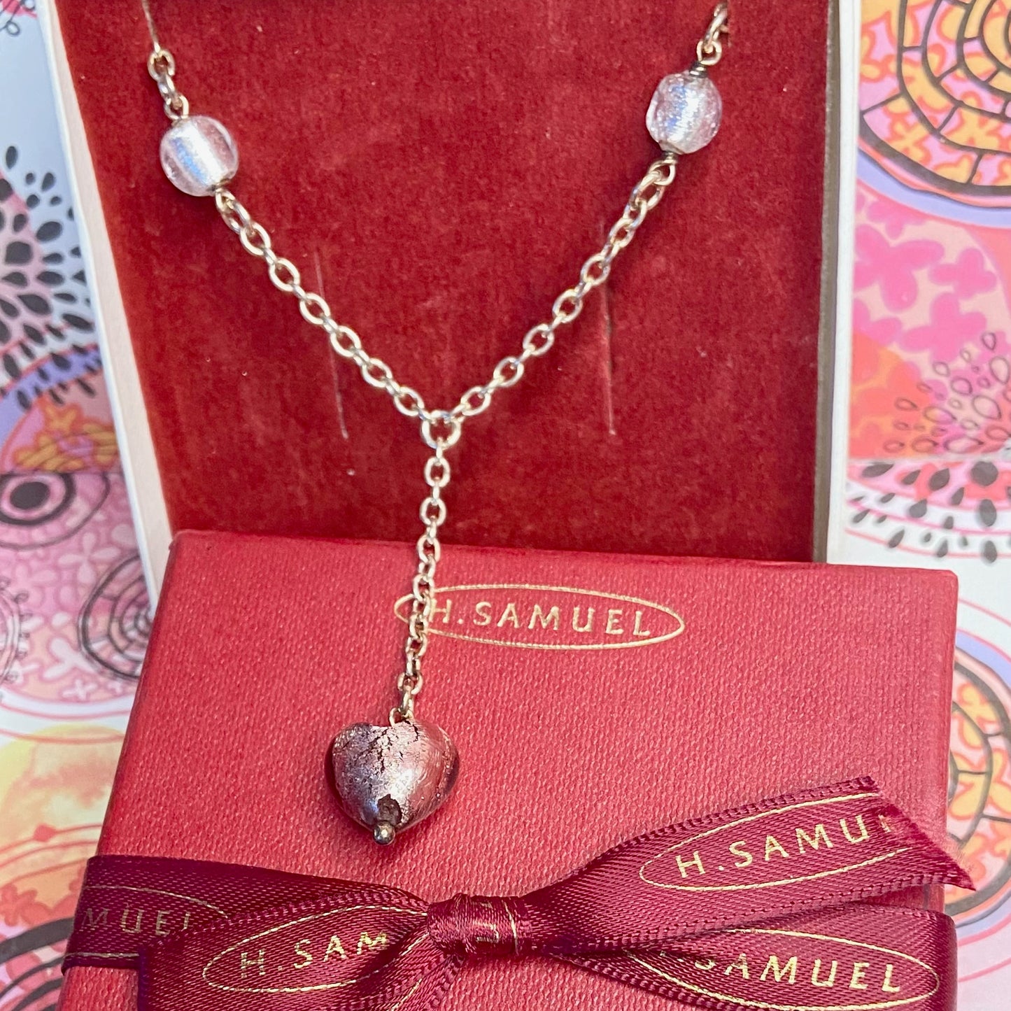 Sterling Silver chain with glass beads with a drop purple heart pendent