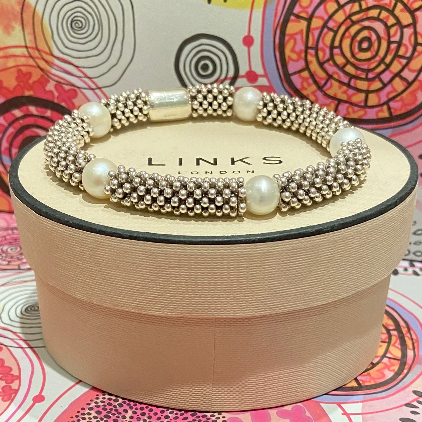 Effervescent Star Stretchy Links of London Sterling Silver Sweetie Bracelet with pearls – Small Size 15cm 38g weight