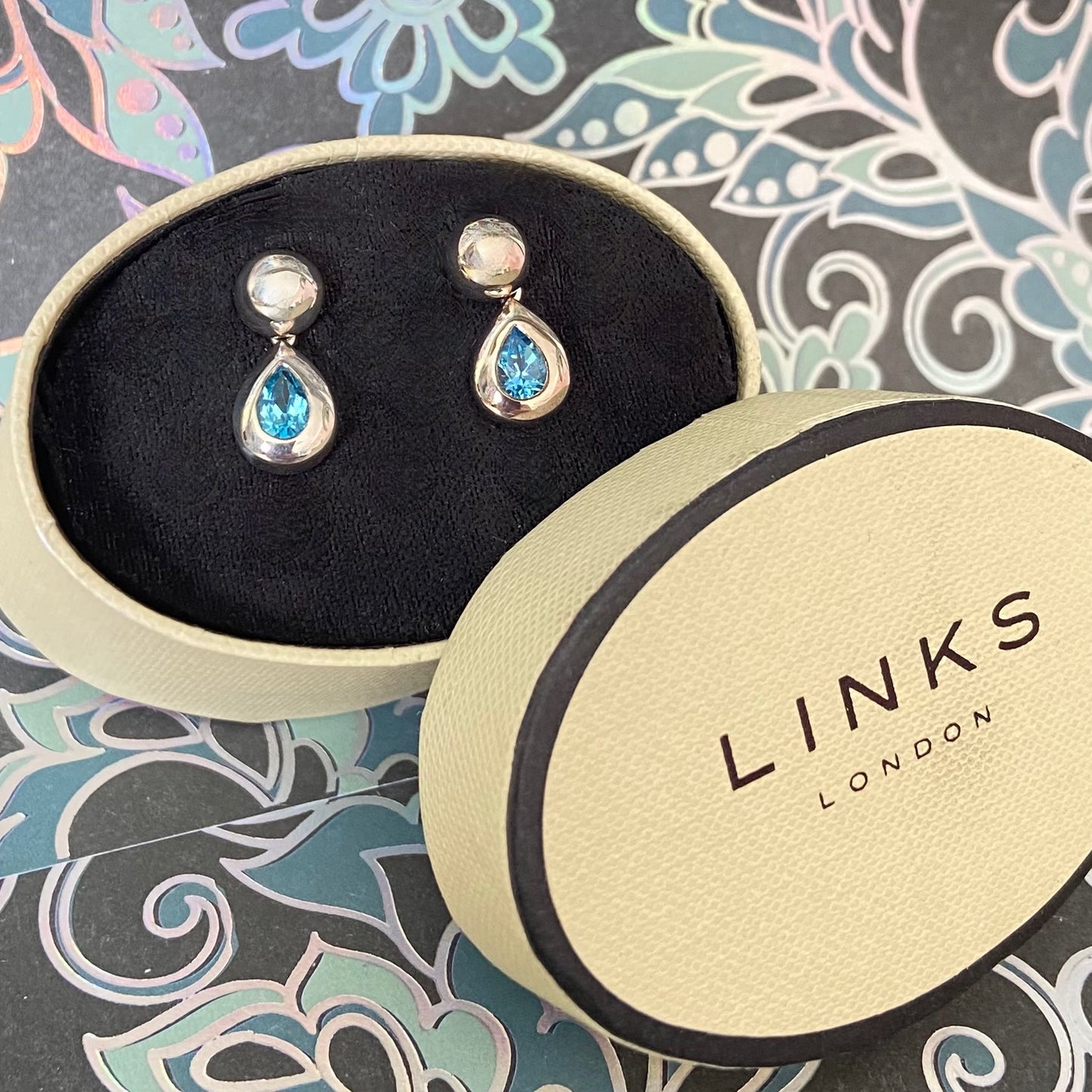 Links of London Sterling Silver Tear Drop Earrings with a Blue Topaz Tear Drop Stone with butterfly backs