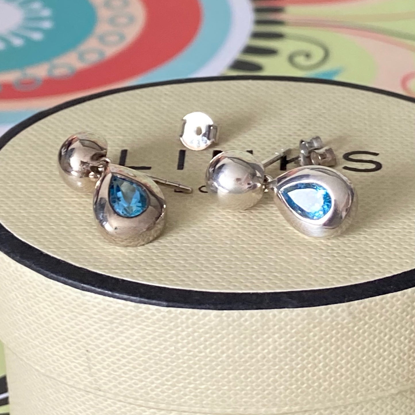 Links of London Sterling Silver Tear Drop Earrings with a Blue Topaz Tear Drop Stone with butterfly backs