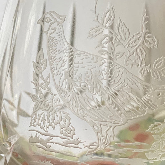 3 Edinburgh Crystal Brandy Glass, Cut Crystal and Etched with a Grouse,  Kestrel and Pheasant.