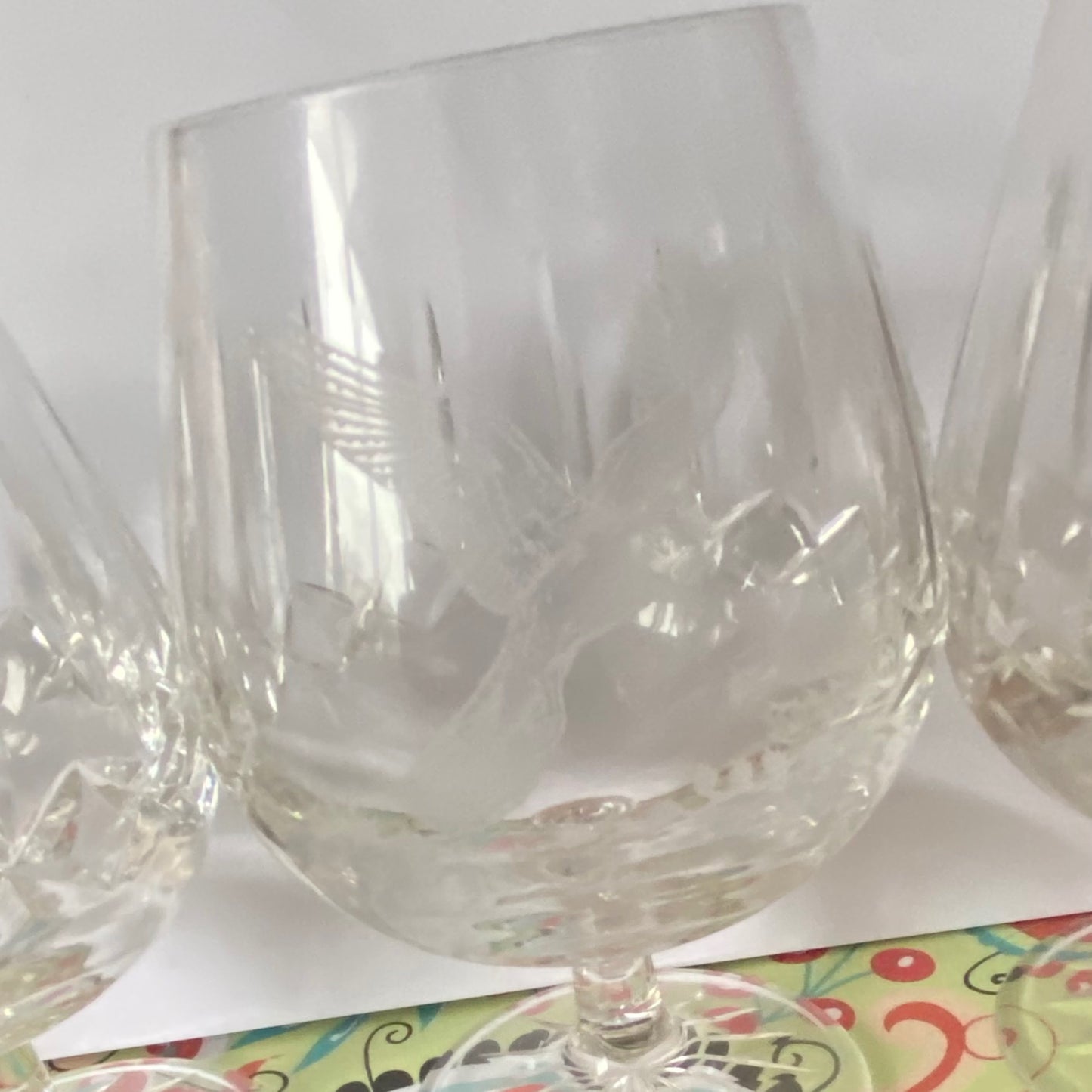 Authentic set of 3 Edinburgh Crystal Brandy Glass, Cut Crystal and Etched with a Grouse, Kestrel and Pheasant. Made in Scotland UK around 1960’s