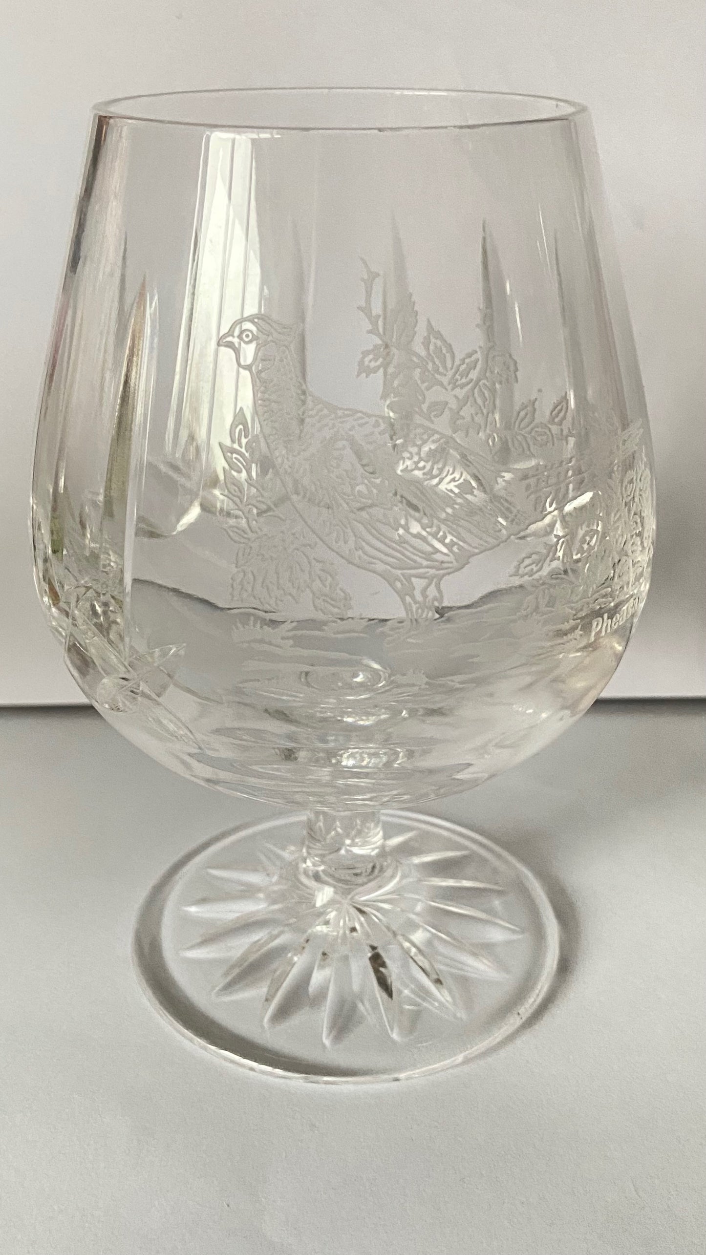 Authentic set of 3 Edinburgh Crystal Brandy Glass, Cut Crystal and Etched with a Grouse, Kestrel and Pheasant. Made in Scotland UK around 1960’s