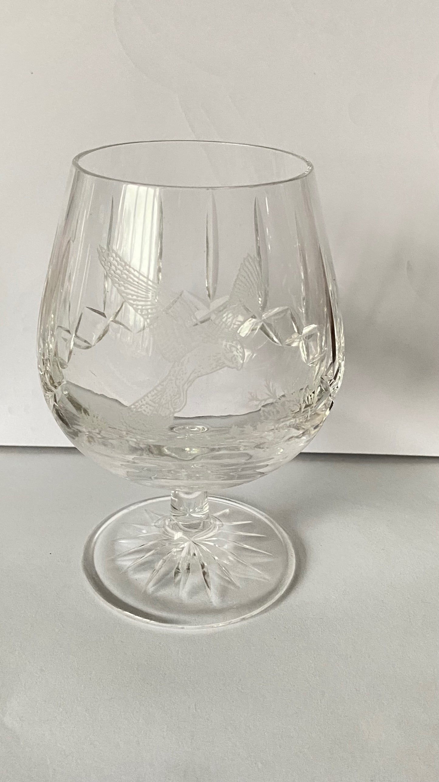 Authentic set of 3 Edinburgh Crystal Brandy Glass, Cut Crystal and Etched with a Grouse, Kestrel and Pheasant. Made in Scotland UK around 1960’s