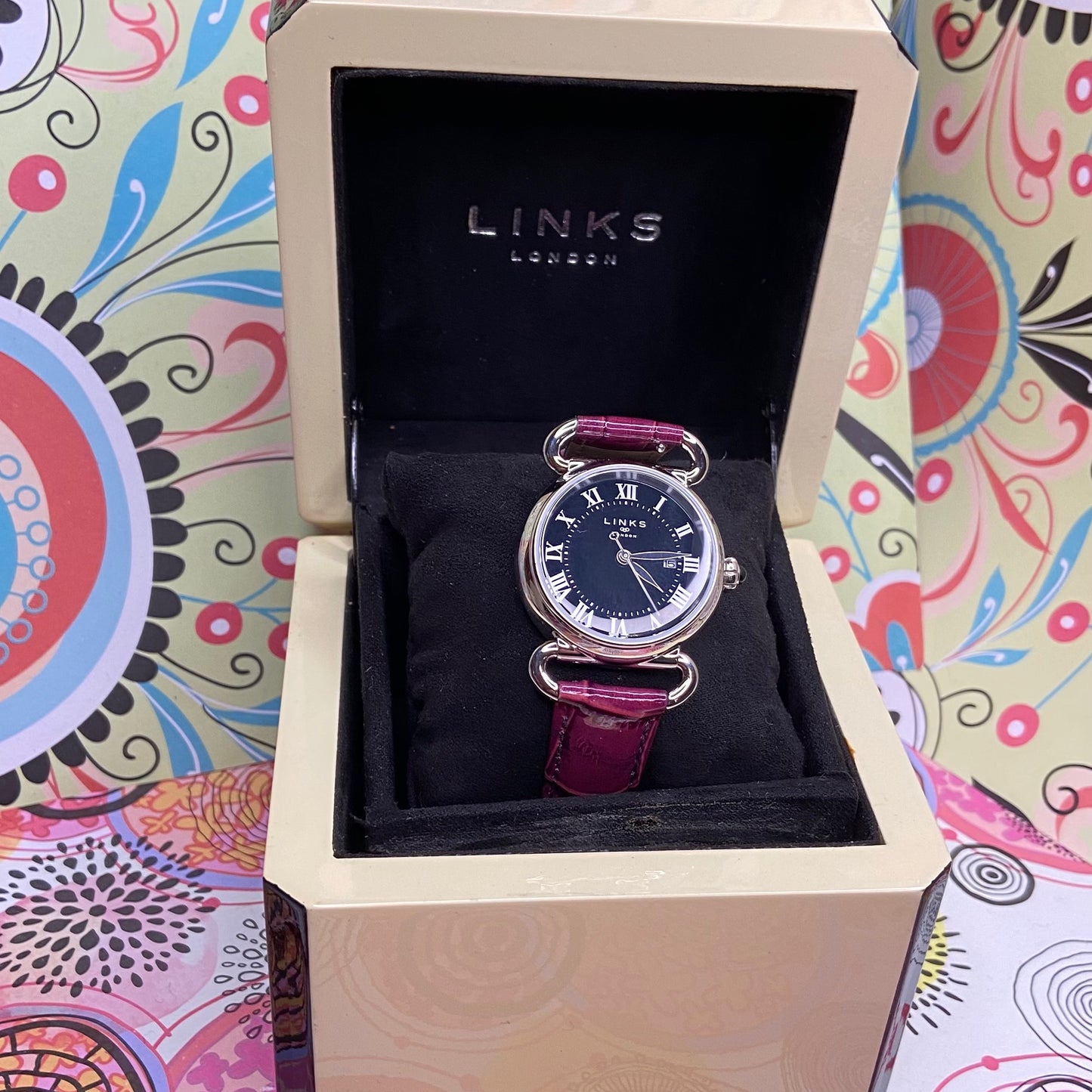 Links of London Driver Watch, Silver tone with a Purple Leather Strap.