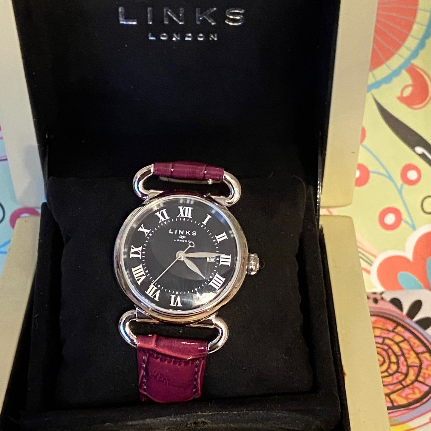 Links of London Driver Watch, Silver tone with a Purple Leather Strap.