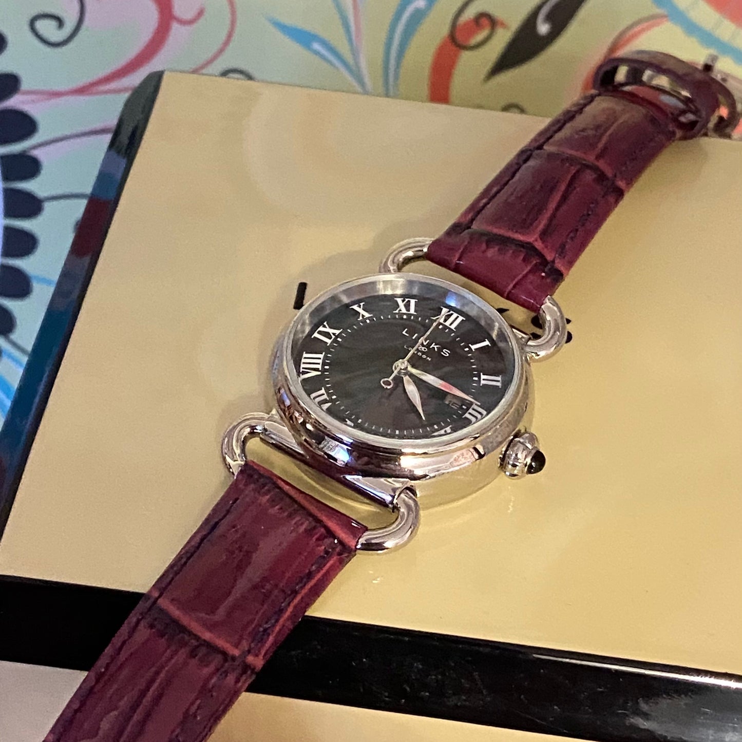 Links of London Driver Watch, Silver tone with a Purple Leather Strap.