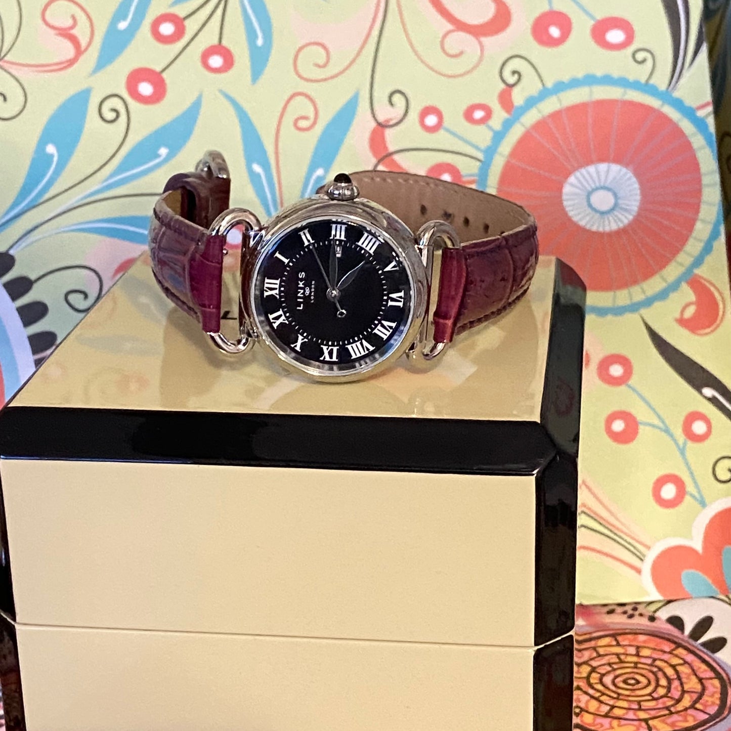 Links of London Driver Watch, Silver tone with a Purple Leather Strap.