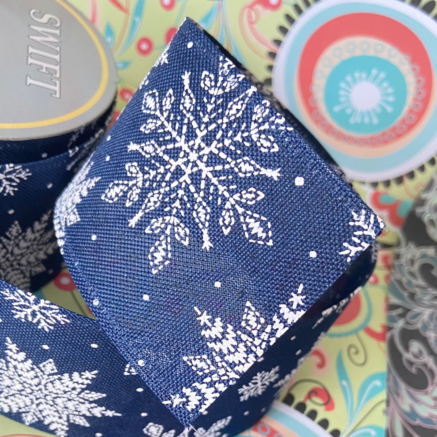 2.5" x 10 Yard Snowflake Design Ribbon midnight Blue colour