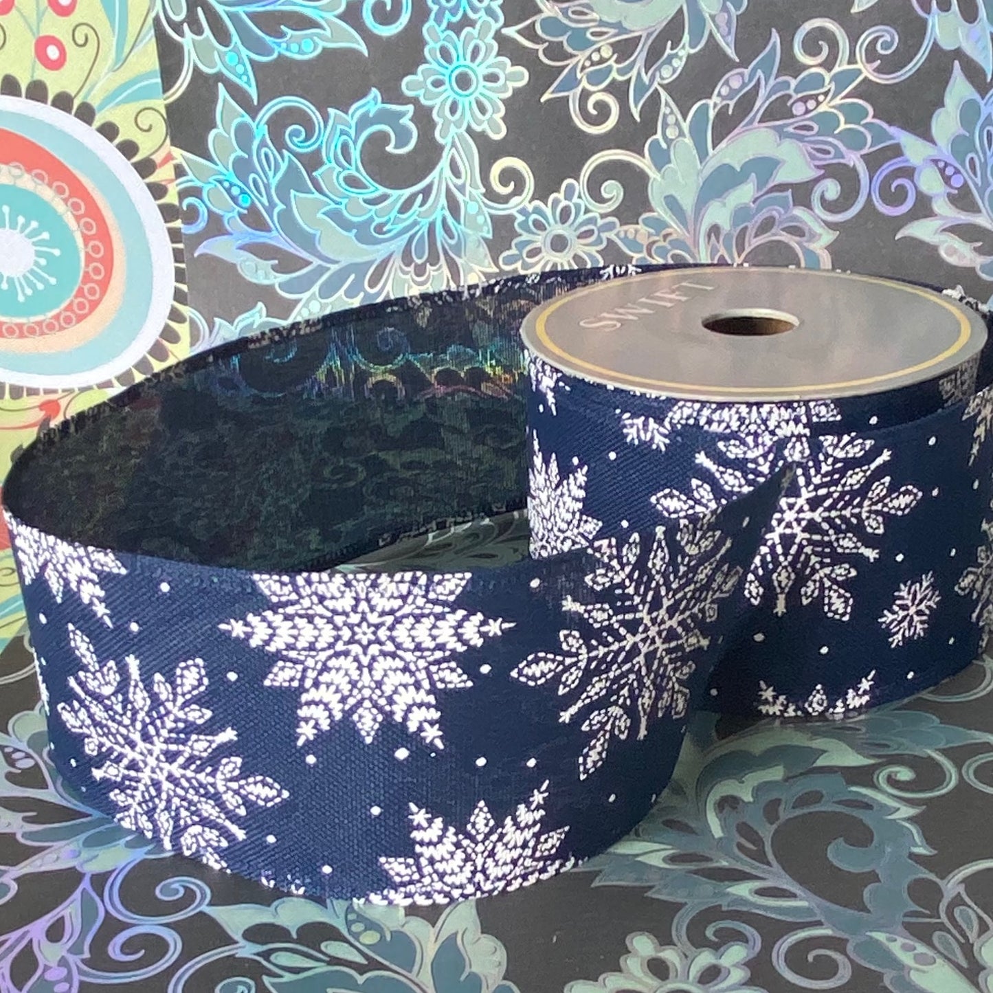 2.5" x 10 Yard Snowflake Design Ribbon midnight Blue colour